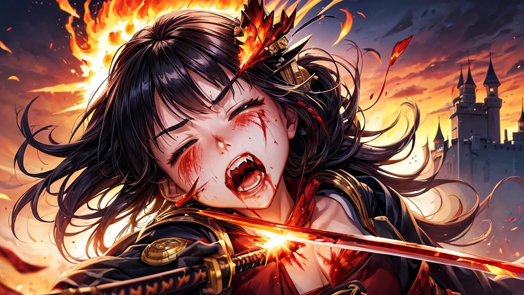 masterpiece,best quality,ultra detailed,(1 Female samurai),(((Equip a shinning katana))),(anguished:1.2),(((clenched teeth))),(((closed eyes)))upper body shot,black hair,long hair,brown eye,straight hair,(flame:1.4),(sunrise),(((castle))),(Shimmering Nightscapes),(Cosmic Whirl),(((Powerful pose))),(Explosion:1.2),(pink lips:0.5),(Twinkling Spectacle),(((profuse bleeding:1.3)),helmet