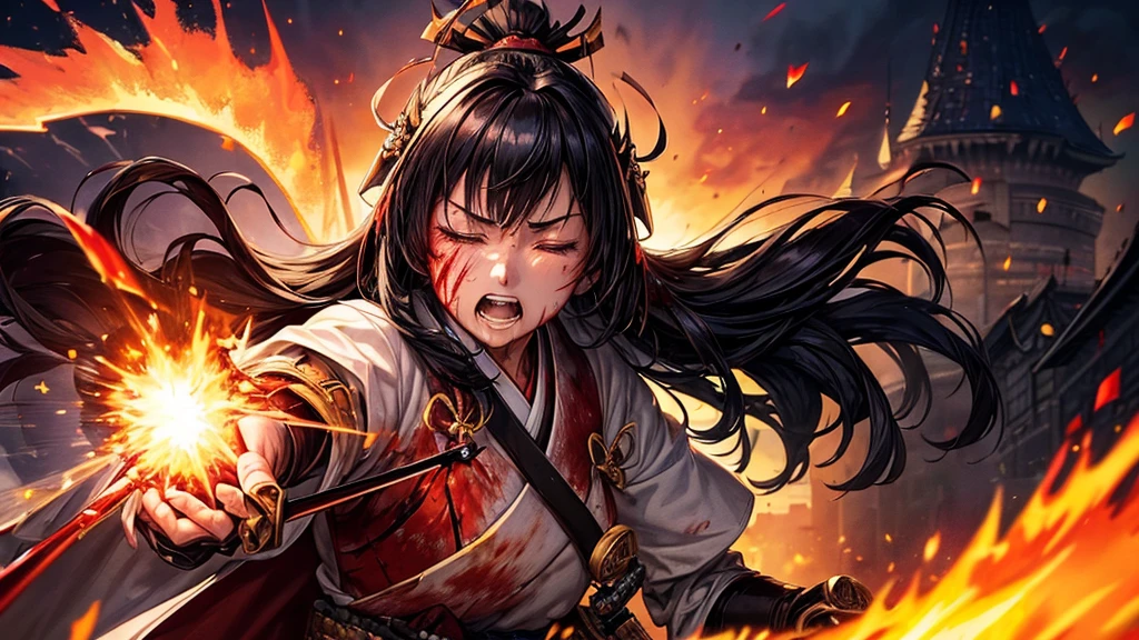 (Very detailed),Mid-chest, Detailed hands, Sailor Mars,I'm injured、On one knee、(((Crippling)))、(((Her costume is torn and her skin is showing)))、Bleeding、enduring pain、(((Hands tied)))、(((He is in agony after receiving a fierce attack from the enemy.)))、(((Being tied up with rope)))、Crucified、(((Crippling)))、Punch in the stomach
