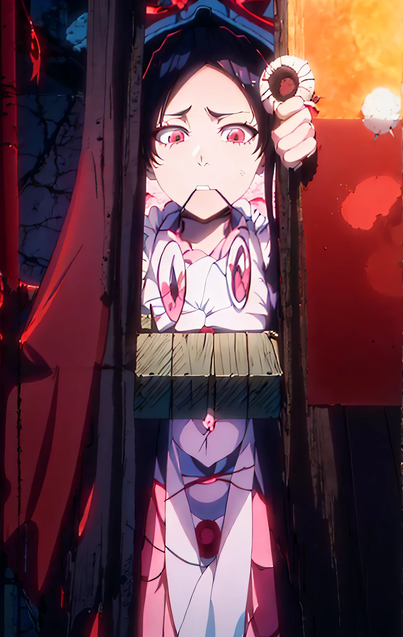 anime girl with long black hair and pink eyes holding a stick in her mouth, nezuko-chan, nezuko, kimetsu no yaiba, screenshot from the anime film, ahegao face, in the anime film ergo proxy, still from anime, hanayamata, in the anime series ergo proxy, still from tv anime