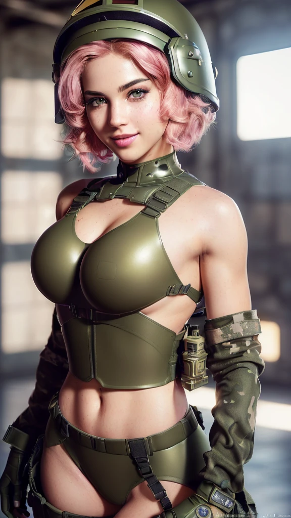 (RAW, analogue, Nikon Z 14mm ultra-wide angle lens, award-winning glamour photograph, ((best quality)), ((masterpiece)), ((realistic)), tessellation, ambient occlusion, ray-tracing, subsurface scattering, radiant light rays, high-res, detailed facial features, high detail, sharp focus, smooth, aesthetic, extremely detailed, (extremely detailed eyes, extremely detailed iritremely detailed hair, extremely detailed skin, extremely detailed clothes, octane render, photorealistic, realistic, post-processing, max detail, realistic shadows, roughness, natural skin texture, real life, ultra-realistic, photorealism, photography, 8k UHD, photography, hdr, intricate, elegant, highly detailed, sharp focus, stunning, beautiful, gorgeous), 1girl, tank girl, (oversized army helmet:1.2), green eyes, military bodysuit, grin, female focus, muscular, slender waist, slender thighs, pink hair, big hips, very short hair, bandaid in face, dirty, tank, full color explosions, blue sky, solo, upper body