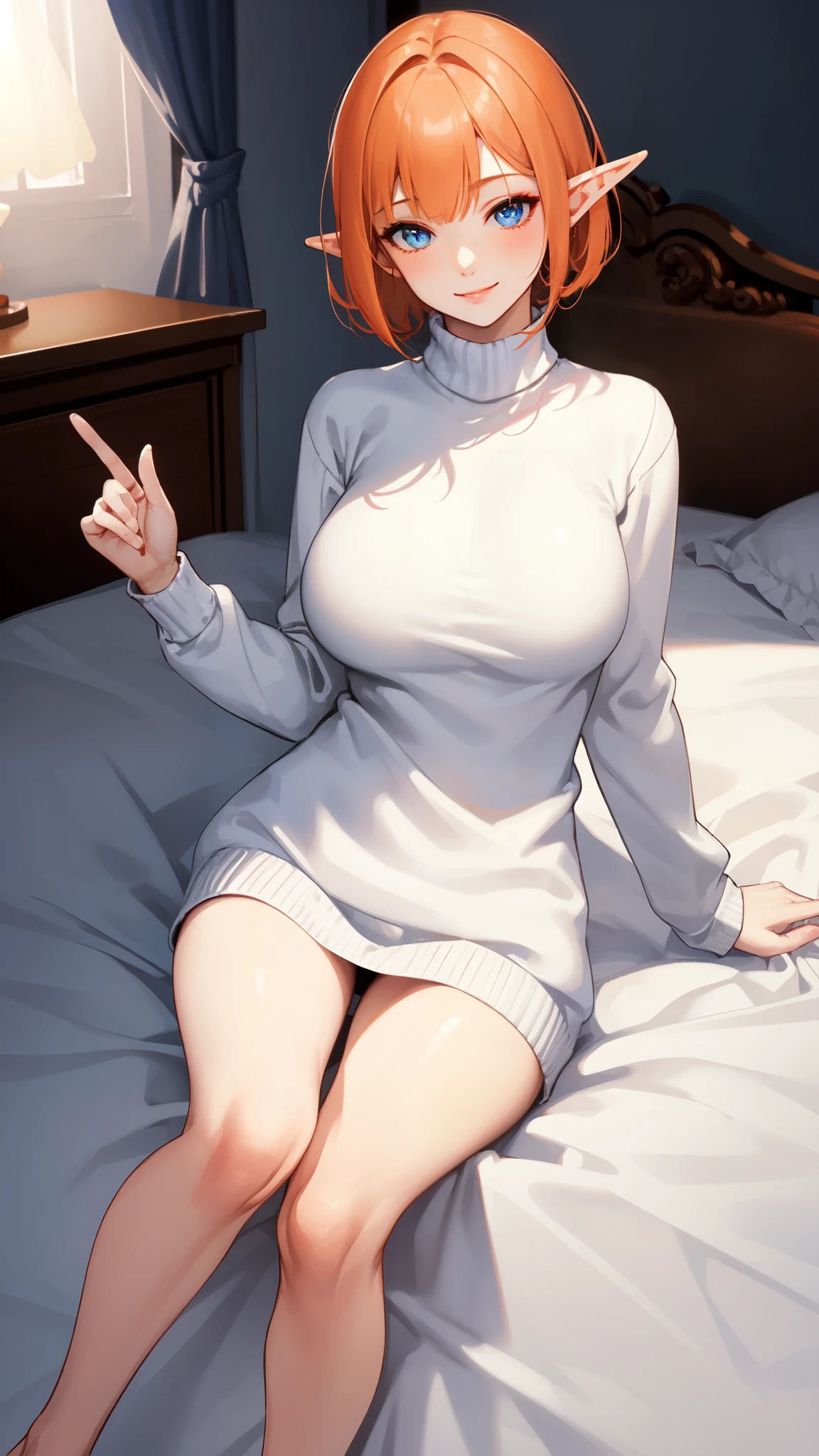 ((masterpiece )), (top quality), (best quality), ((ultra-detailed, 8k quality)), Cinematic lighting, (detailed line art), a elf girl with delicate skin, smiling and looking directly at the viewer, lying on the bed in a turtleneck sweater, the sunlight gives this scene a warm touch, BREAK, highly detailed of (elf), (1girl), perfect face, details eye, Bob cut hair, Blunt bangs, (hair between eye), orange hair, blue eyes, eyelashes, eyeshadow, pink eyeshadow, light smile, concept art by Artgerm, by Kawacy, By Yoshitaka Amano, BREAK, (sweater), turtleneck, long sleeves, thighs, bare legs, lying, on bed, happy, smile, blush, (sunlight), full body, from above, cozy, Bedroom, BREAK, ((perfect anatomy)), nice body, Big breast, extremely detailed finger, best hands, perfect face, beautiful face, beautiful eyes, perfect eyes, perfect fingers,