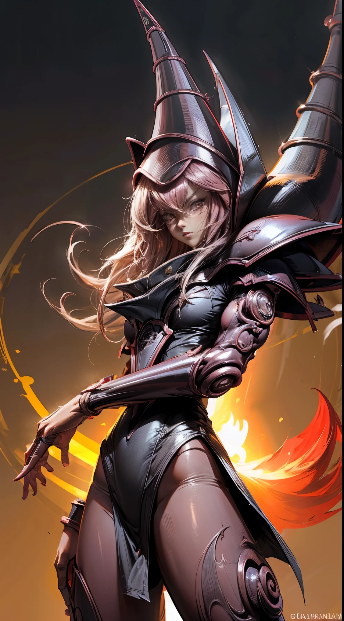 (Masutepiece,extremadamente detallado, Mechas pesadas, superficie dura),(Arte conceptual:1.1),(shielded core style:0.8), A woman in robo ninja armor is standing.,(cuerpo rojo:1.1),(patas largas:1.1),(Equipado con sable y cadena.:1.1),(Un ojo detallado:1.3),(Una cara detallada:1.3),(Armas detalladas:1.3),(Cuerpo detallado:1.3),((cuerpo completosbian:1.5)),(The background is a crimson flame.:1.5),realista