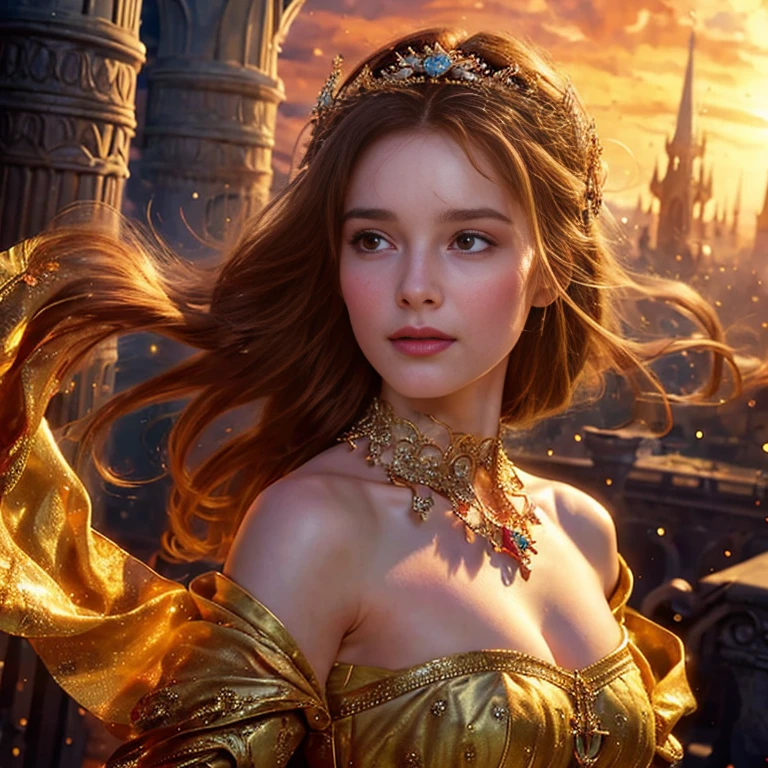 A breathtakingly realistic portrayal of a woman with ethereal beauty set against the backdrop of a divine and fantastical world, with an exquisitely detailed background that immerses the viewer in its enchanting atmosphere.