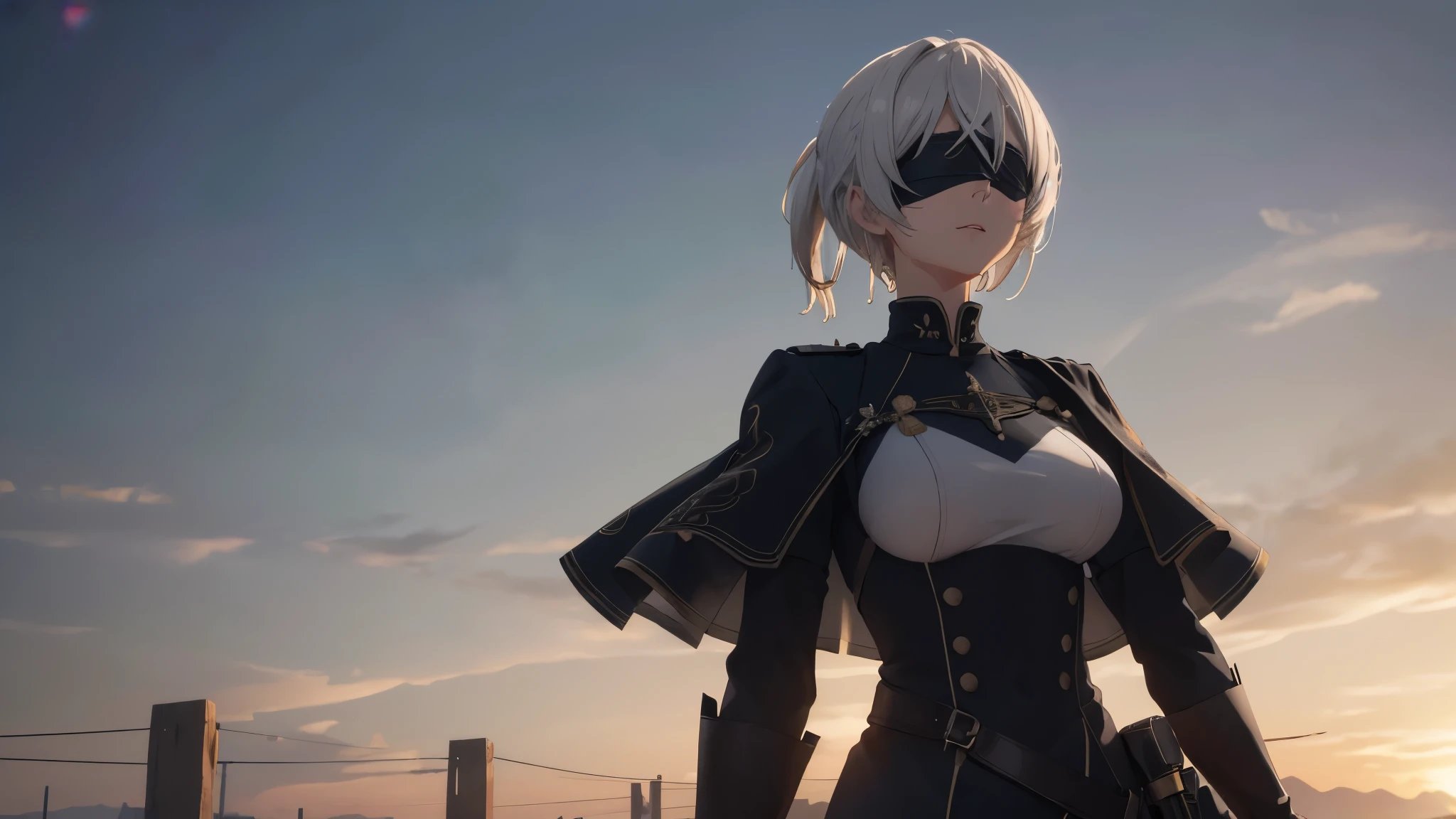 (extremely detailed CG unity 8k wallpaper), (masterpiece), (best quality), (ultra-detailed), (best illustration), (best shadow), (absurdres), 2b, 1girl, short hair, long ponytail, normal size boobs, white hair, blindfold solo, Intimidating women, admiral uniform, night, hero pose, white clothes, General Uniform, Military Uniform, Sunlight, exposed to sunlight,commander, cape, fighting, ((beautiful fantasy girl)), (Master Part: 1.2), Best Quality, High Resolution, photorealestic, photogenic, Unity 8k壁纸, perfect lighting, (perfect arms, perfect anatomy) beatiful face, intricate details, Detalhes realistas, the anime, The Perfect Girl, perfect details, Ultra HD |, 8K, Professional photo(extremely detailed CG unity 8k wallpaper), (masterpiece), (best quality), (ultra-detailed), (best illustration), (best shadow), (absurdres), 2b, 1girl, short hair, short ponytail, normal size boobs, white hair, blindfold solo, Intimidating women, admiral uniform, night, hero pose, white clothes, General Uniform, Military Uniform, Sunlight, exposed to sunlight, commander, black clothes, sunkissed, sunset background