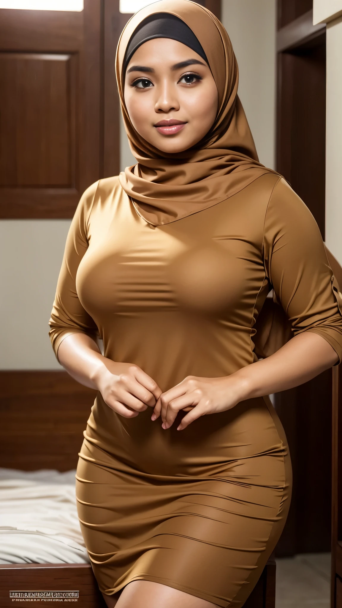 RAW, Best quality, high resolution, masterpiece: 1.3), beautiful Malay woman in hijab, Masterpiece, perfect fit body, big breasts, beautiful big eyes, open stand, Soft smile, thick thighs, woman standing in the bedroom in (brown frilled dress:1.1) , she is about 2 0 years old, she is about 20 years old, pale skin Malay girl, smooth brown skin, beautiful woman, wearing a light brown dress, beautiful Malay woman, she is about 2 , she about 30 years old, he is about 3 0 years old