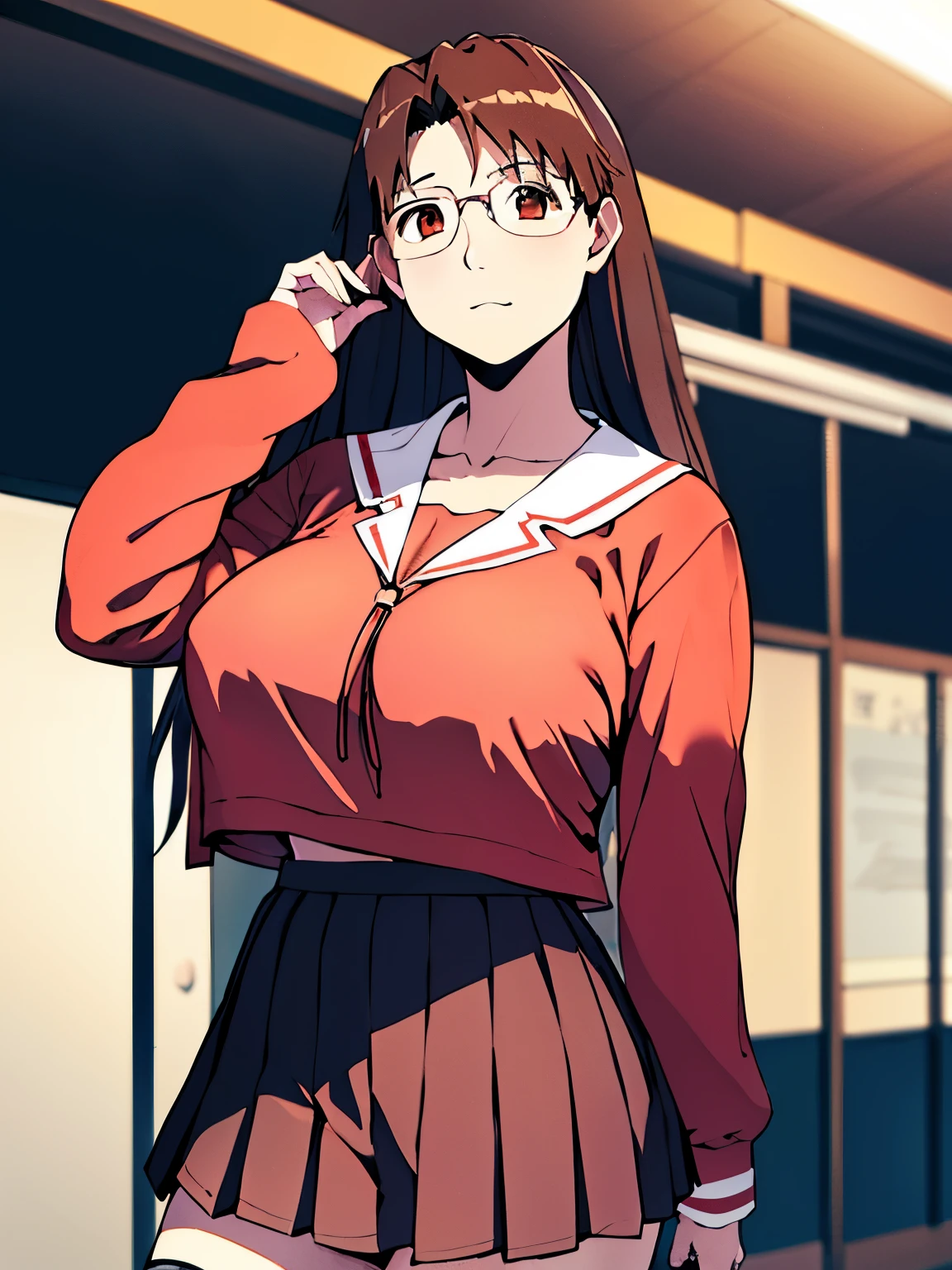 absurdres, highres, ultra detailed, high quality, (1girl:1.3), azumanga daioh's school uniform, huge breasts, brown eyes, brown hair, glasses, mizuhara koyomi, azumanga daioh, long hair, long sleeves, pink shirt, pleated skirt, red skirt, school uniform, serafuku, frown, wide hips, thighhighs, breast curtains, curvy, no bra, gigantic breasts, thick thighs, thighs, classroom, masterpiece, collarbone, large breasts, blush, indoors, blurry background, large hips, huge butt, Changing room, school, embarrassed, Change her underwear, No clothes