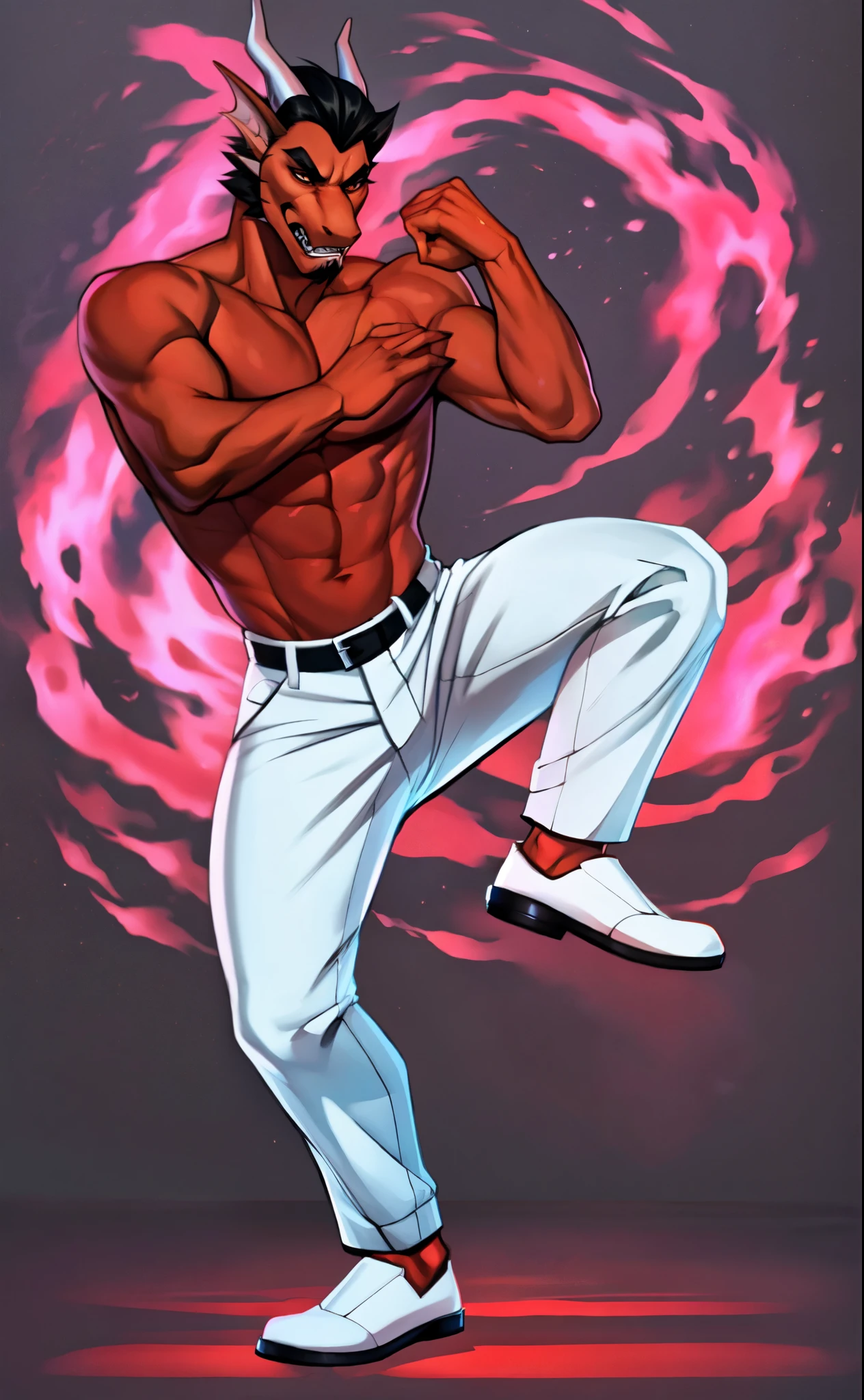 kiryuu kazuma,masterpiece, 1boy, best quality, red dragon, red scales, elegant dragon horns, short black hair, hair slicked back, angry face, mouth open, brown eyes, black soul patch beard, by fumiko, by hyattlen, by zaush, by claweddrip, full body shot, shirtless, white pants, white loafers, fighting stance, mystical red aura behind him