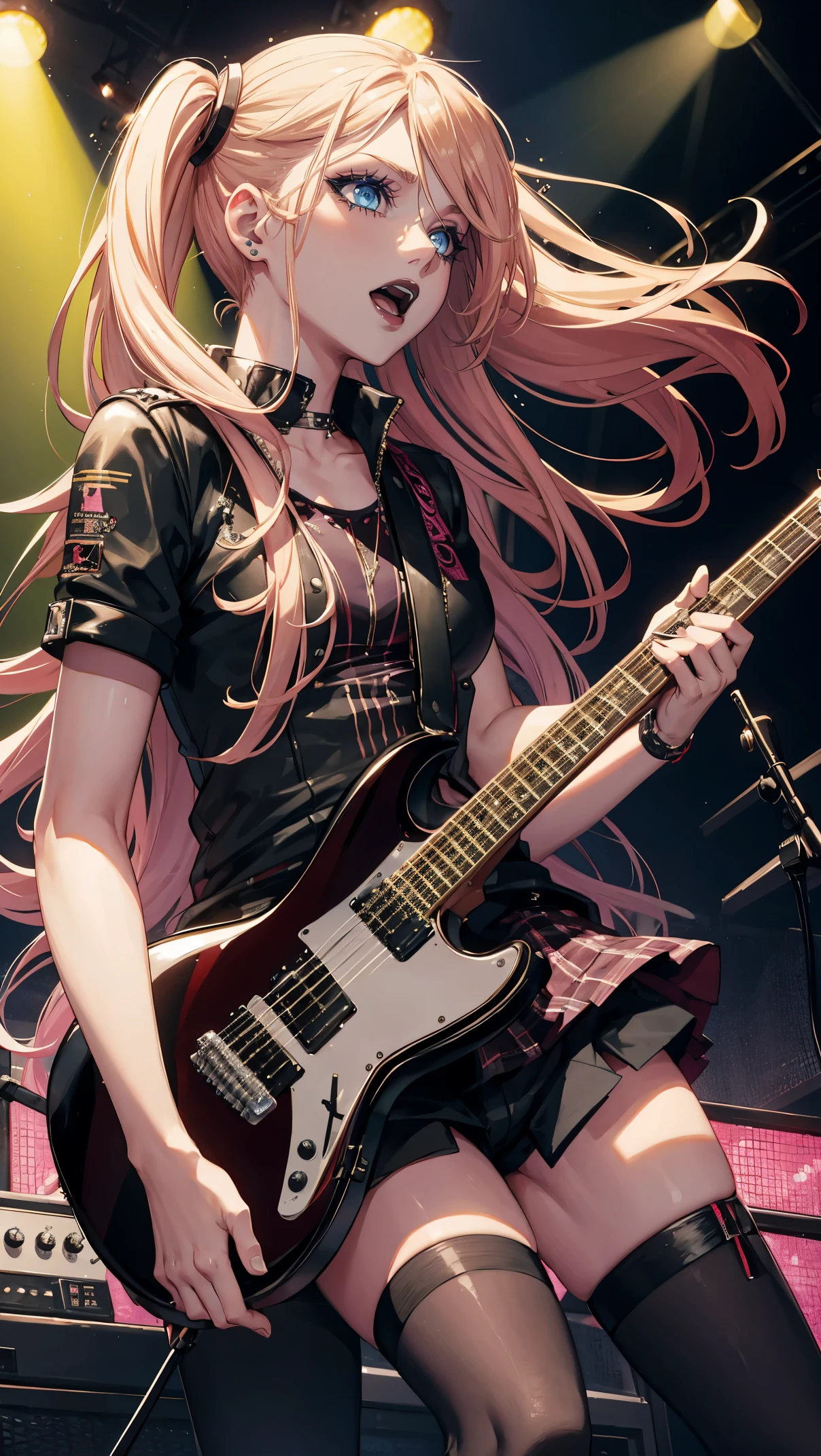 Beautiful photo of Avril Lavigne, electric guitar, singing on stage, bright lights, punk concert