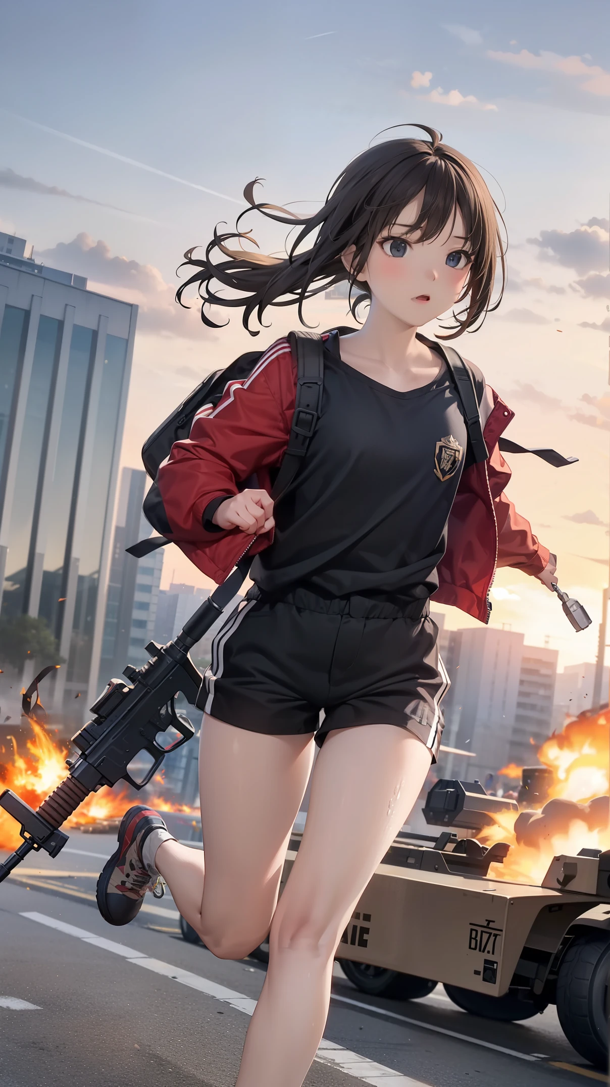 foto asli siswi perempuan memakai kaos kecil, and Its hand, running while snipe the far away enemy on build, unde sudut plan dan tank with indonesia symbol and weapon tools in it body, and clear aura, with the background destroy place and change tu fire form in the crowd soldier, middle view tampak jauh 4K original quality photo