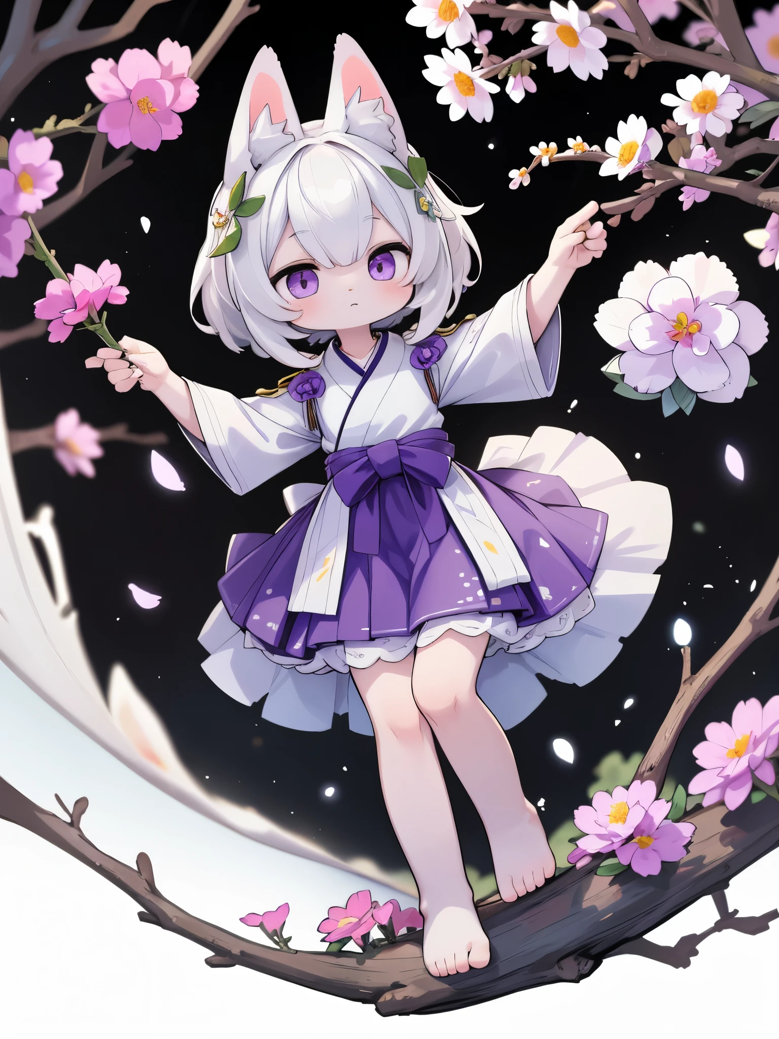 (best quality, high resolution, illustration, extremely high quality, High freshness, Super fine details), A white cat wearing a black hakama is sitting in a shrine covered with flowers.。.。.、light purple eyes, Holding a kagami-mochi, the legs are dangling (hang one'legs are up (perspective from above)、 広大な神社 abyss (deep hole、abyss)、pick flowers、