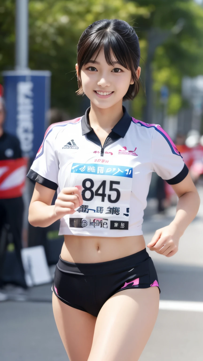 best quality, masterpiece, Ultra-high resolution, (Reality:1.4), original photo, Extremely detailed, Perfect Anatomy, 1 Girl, 18 years old, The most famous Japanese idol, (Race a marathon, Wearing only colorful marathon uniforms with cute designs), Innocent smile, ((Butt)), ((Very cute face，Like Japan&#39;s most popular idol, Very beautiful big black solid round eyes, Very beautiful short black hair)), Beautiful weight loss, Very beautiful thighs, Marathon race details, Detailed colorful marathon uniforms with cute designs