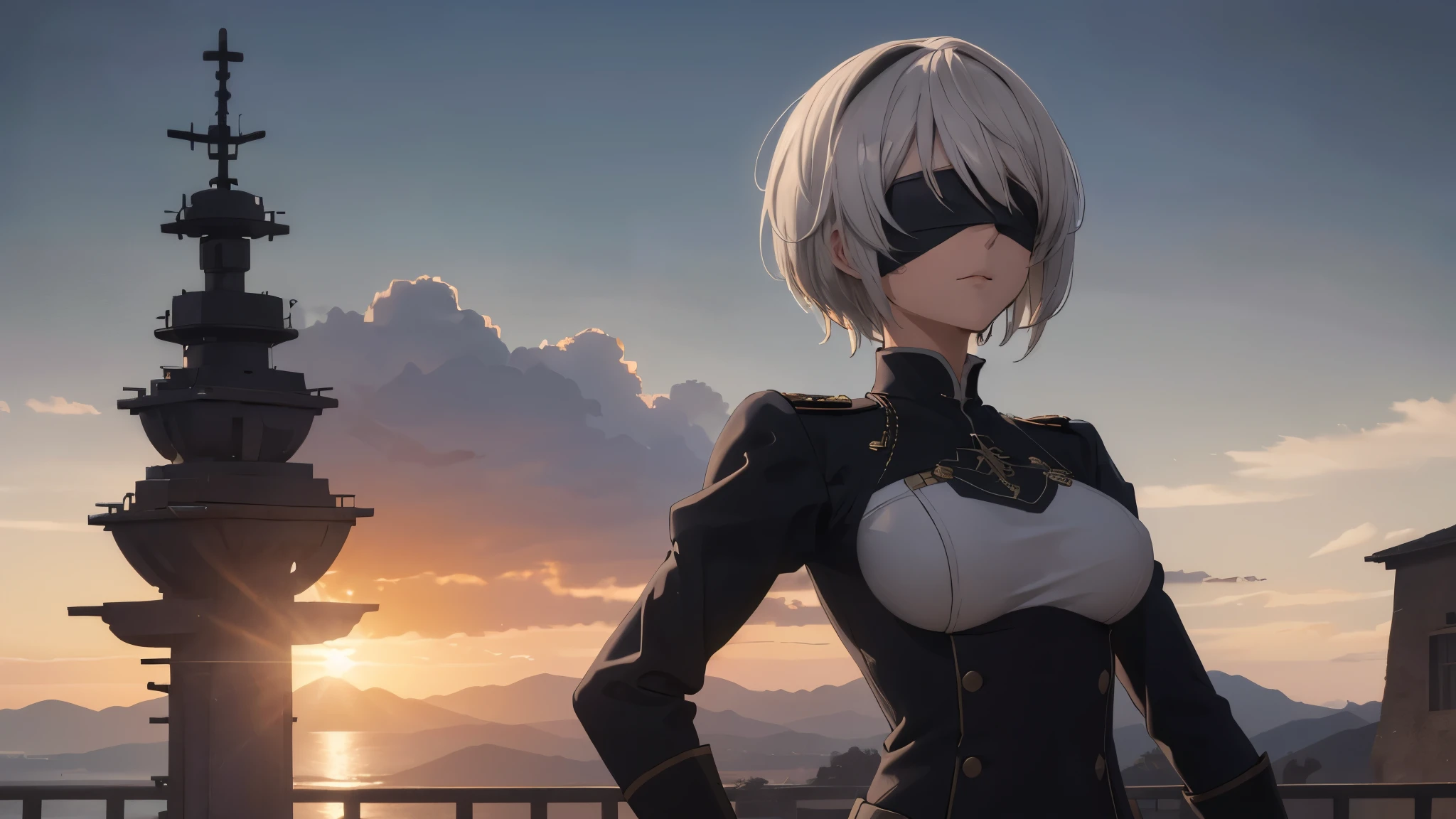(extremely detailed CG unity 8k wallpaper), (masterpiece), (best quality), (ultra-detailed), (best illustration), (best shadow), (absurdres), 2b, 1girl, short hair, long ponytail, normal size boobs, white hair, blindfold solo, Intimidating women, admiral uniform, night, hero pose, white clothes, General Uniform, Military Uniform, Sunlight, exposed to sunlight,commander, cape, fighting, ((beautiful fantasy girl)), (Master Part: 1.2), Best Quality, High Resolution, photorealestic, photogenic, Unity 8k壁纸, perfect lighting, (perfect arms, perfect anatomy) beatiful face, intricate details, Detalhes realistas, the anime, The Perfect Girl, perfect details, Ultra HD |, 8K, Professional photo(extremely detailed CG unity 8k wallpaper), (masterpiece), (best quality), (ultra-detailed), (best illustration), (best shadow), (absurdres), 2b, 1girl, short hair, short ponytail, normal size boobs, white hair, blindfold solo, Intimidating women, admiral uniform, night, hero pose, white clothes, General Uniform, Military Uniform, Sunlight, exposed to sunlight, commander, black clothes, sunkissed, sunset background