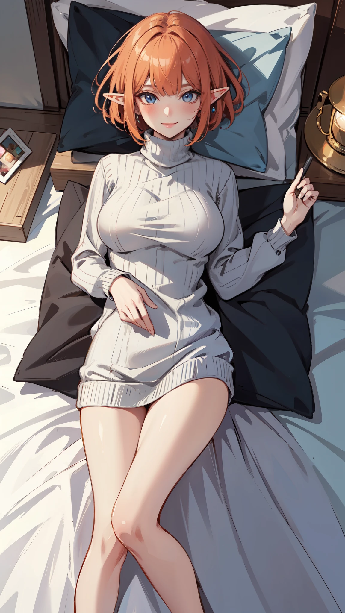 ((masterpiece )), (top quality), (best quality), ((ultra-detailed, 8k quality)), Cinematic lighting, (detailed line art), a elf girl with delicate skin, smiling and looking directly at the viewer, lying on the bed in a turtleneck sweater, the sunlight gives this scene a warm touch, BREAK, highly detailed of (elf), (1girl), perfect face, details eye, Bob cut hair, Blunt bangs, (hair between eye), orange hair, blue eyes, eyelashes, eyeshadow, pink eyeshadow, light smile, design art by Artgerm, by Kawacy, By Yoshitaka Amano, BREAK, (sweater), turtleneck, long sleeves, thighs, bare legs, lying, on bed, happy, smile, blush, (sunlight), full body, from above, cozy, Bedroom, BREAK, ((perfect anatomy)), nice body, Big breast, extremely detailed finger, best hands, perfect face, beautiful face, beautiful eyes, perfect eyes, perfect fingers,