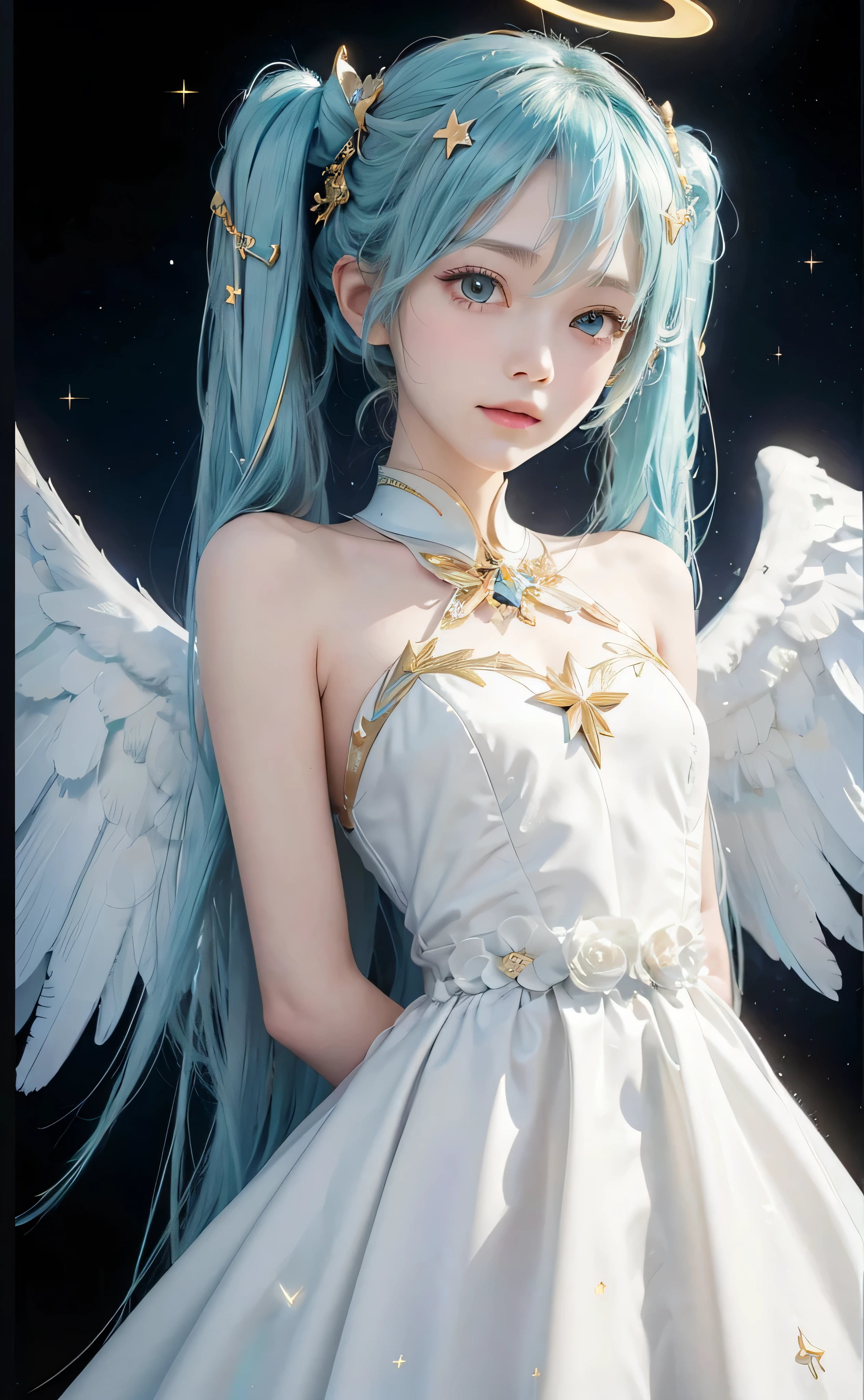 masterpiece, best quality, hatsune miku, white gown, angel, angel wings, golden halo, dark background, upper body, (closed mouth:1.2), looking at viewer, arms behind back, blue theme, stars, starry night