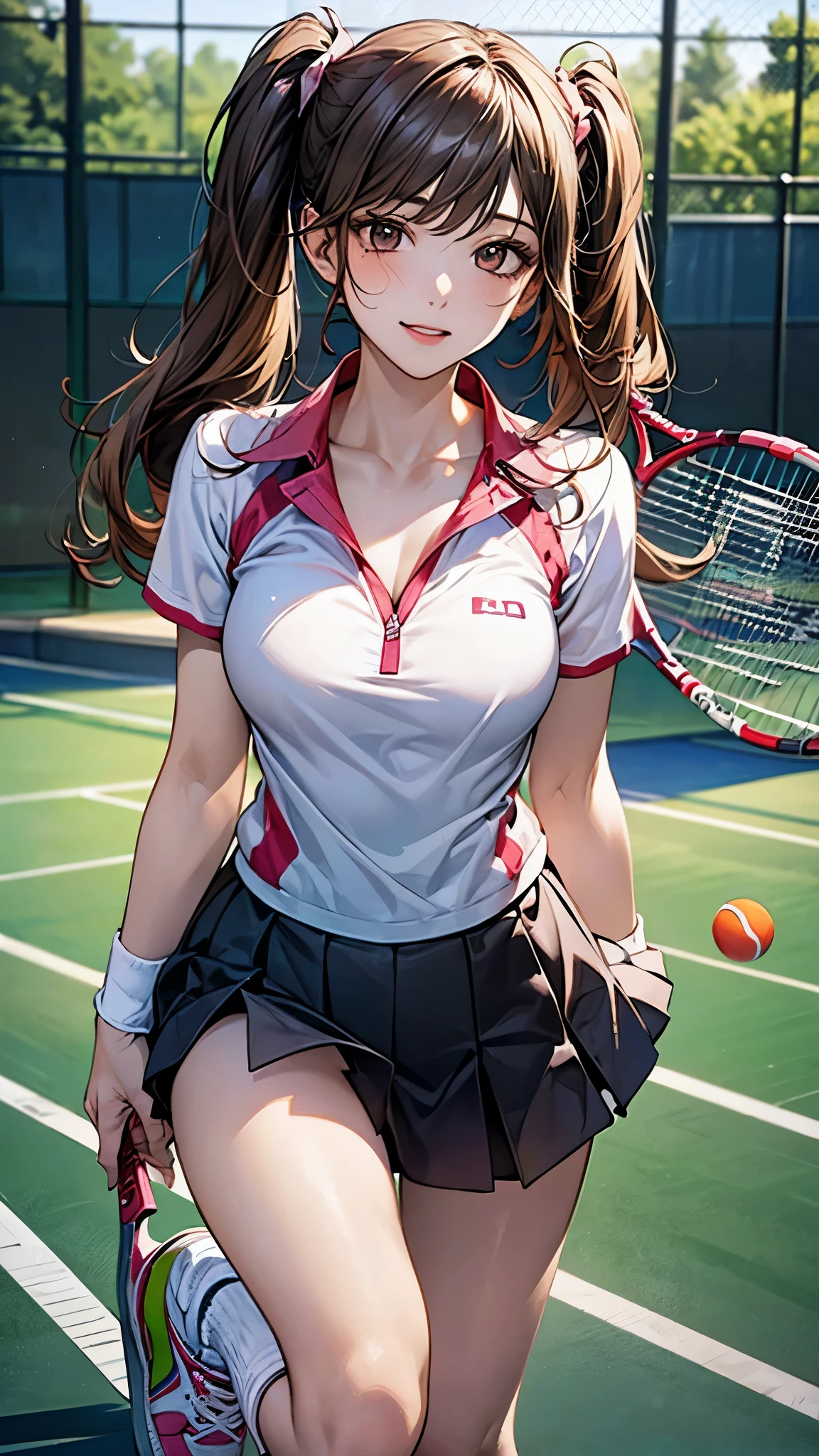 ((perfect anatomy, anatomically correct, super detailed skin)), 1 girl, solo, japanese, , tennis player, shiny skin, watching the view, 
beautiful hair, beautiful face, beautiful detailed eyes, brown eyes, (long hair:1.7, side ponytail:1.5, light brown hair), babyface, monder eye, 
beautiful clavicle, beautiful body, beautiful breasts, beautiful thighs, beautiful legs, large breasts:0.5, seductive thighs, 
cameltoe, bare arms, bare hands, bottomless, closeup clavicle, break, 
((symmetrical clothinetallic)), ((pink tennis uniform, short sleeve, shirt, skirt, socks, tennis shoes)), break, 
(beautiful scenery), evening, ((tennis court)), (stadio:1.5), 
lovely smile, standing, leaning forward, flipping skirt, put finger to lips, break, 
(8k, top-quality, masterpiece​:1.2, extremely detailed), (photorealistic:1.2), beautiful illustration, depth of fields, natural lighting,