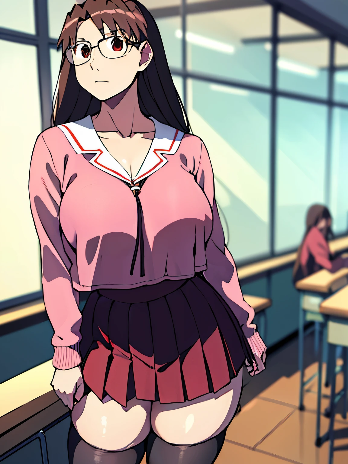 absurdres, highres, ultra detailed, high quality, (1girl:1.3), azumanga daioh's school uniform, huge breasts, brown eyes, brown hair, glasses, mizuhara koyomi, azumanga daioh, long hair, long sleeves, pink shirt, pleated skirt, red skirt, school uniform, serafuku, frown, wide hips, thighhighs, breast curtains, curvy, no bra, gigantic breasts, thick thighs, thighs, classroom, masterpiece, collarbone, large breasts, blush, indoors, blurry background, large hips, huge butt, crouching with her legs open, erotic panties