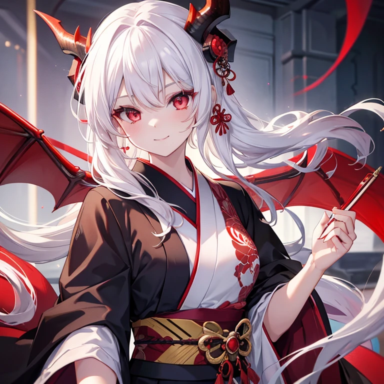masterpiece, best quality, ultra detailed, girl, red dragon, white hair, dark red eyes, smile, kimono,