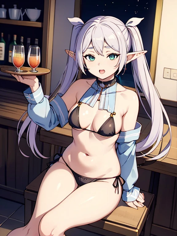 flat chests, nsfw, masterpiece, 1 girl, erect nipples, intricately detailed, topless, navel, bare shoulders, necklace, erect nipples, puffy nipples, white hair, wolf headgear, animal fur skirt, leather belt, fur skirt, mountainous horizon, mountains, forest, night sky, full moon, facial paint, open mouth, bonfire, extremely detailed, photorealistic, octane render, 8 k, unreal engine, bare breasts, nipples, red eyes, clawed wolf gloves, bare stomach, sweaty, people on background, moist breath, small breasts, flat chests, child, arm strap, pixie cut hair, druid, celtic, long nails, smiling, leaning forward, fangs, plate, steak