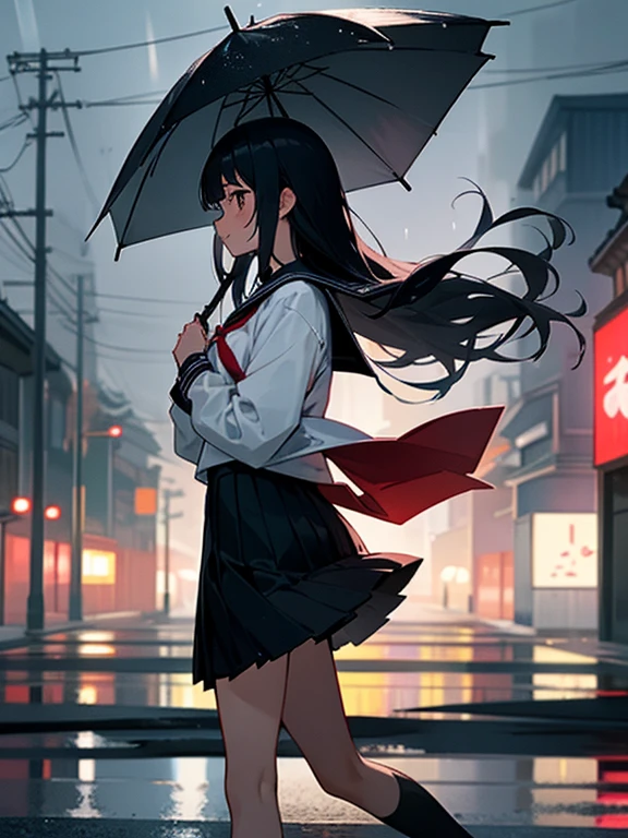 1 girl,solo,long hair, black hair, serafuku,long sleeves,In the rain、flustered,run,residential area,Residential area in Japan, from side,