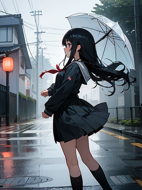 1 girl,solo,long hair, black hair, serafuku,long sleeves,In the rain、flustered,run,residential area,Residential area in Japan, from side,