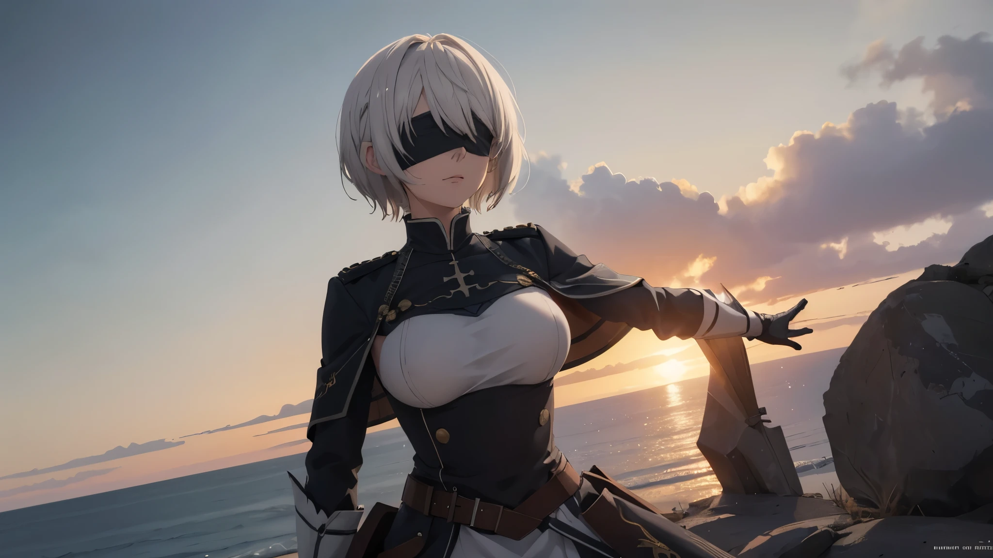 (extremely detailed CG unity 8k wallpaper), (masterpiece), (best quality), (ultra-detailed), (best illustration), (best shadow), (absurdres), 2b, 1girl, short hair, long ponytail, normal size boobs, white hair, blindfold solo, Intimidating women, admiral uniform, night, hero pose, white clothes, General Uniform, Military Uniform, Sunlight, exposed to sunlight,commander, cape, fighting, ((beautiful fantasy girl)), (Master Part: 1.2), Best Quality, High Resolution, photorealestic, photogenic, Unity 8k壁纸, perfect lighting, (perfect arms, perfect anatomy) beatiful face, intricate details, Detalhes realistas, the anime, The Perfect Girl, perfect details, Ultra HD |, 8K, Professional photo(extremely detailed CG unity 8k wallpaper), (masterpiece), (best quality), (ultra-detailed), (best illustration), (best shadow), (absurdres), 2b, 1girl, short hair, short ponytail, normal size boobs, white hair, blindfold solo, Intimidating women, admiral uniform, night, hero pose, white clothes, General Uniform, Military Uniform, Sunlight, exposed to sunlight, commander, black clothes, sunkissed, sunset background