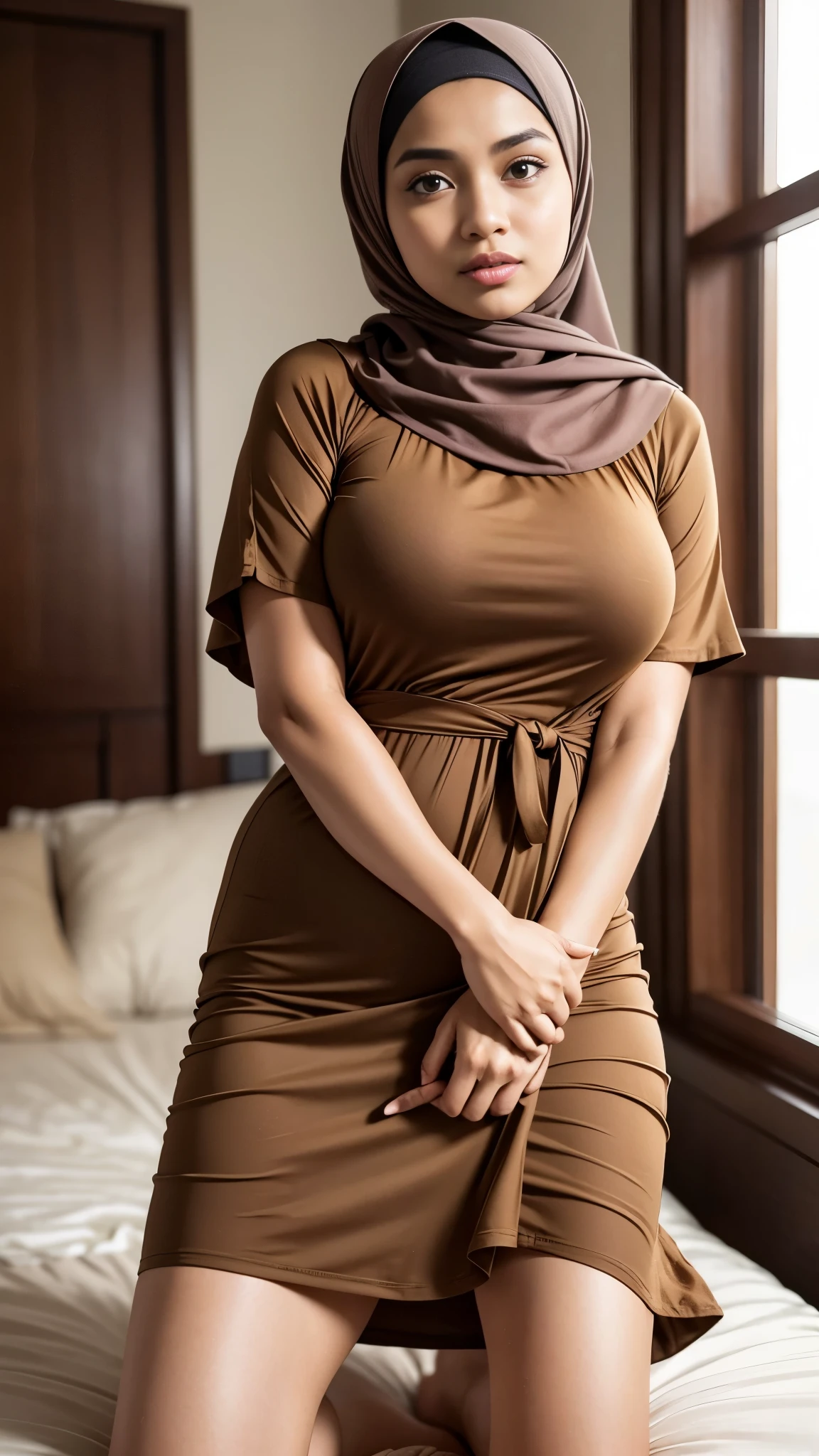 RAW, Best quality, high resolution, masterpiece: 1.3), beautiful Malay woman in hijab, Masterpiece, perfect fit body, big breasts, beautiful big eyes, open stand, Soft smile, thick thighs, woman standing in the bedroom in (brown frilled dress:1.1) , she is about 2 0 years old, she is about 20 years old, pale skin Malay girl, smooth brown skin, beautiful woman, wearing a light brown dress, beautiful Malay woman, she is about 2 , she about 30 years old, he is about 3 0 years old