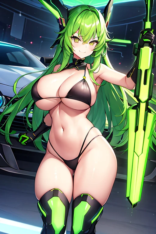 1girl, large breasts, breasts, wide hips, green hair, highleg bikini, bikini, black bikini, yellow eyes, smirk, smile, car, futuristic, science-fiction, tech, neon, neon trim, shoes, machinery, long hair