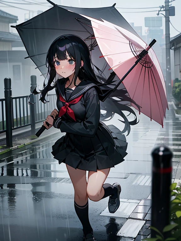 1 girl,solo,long hair, black hair, serafuku,long sleeves,In the rain、flustered,run,residential area,Residential area in Japan,I don't have an umbrella,wet,