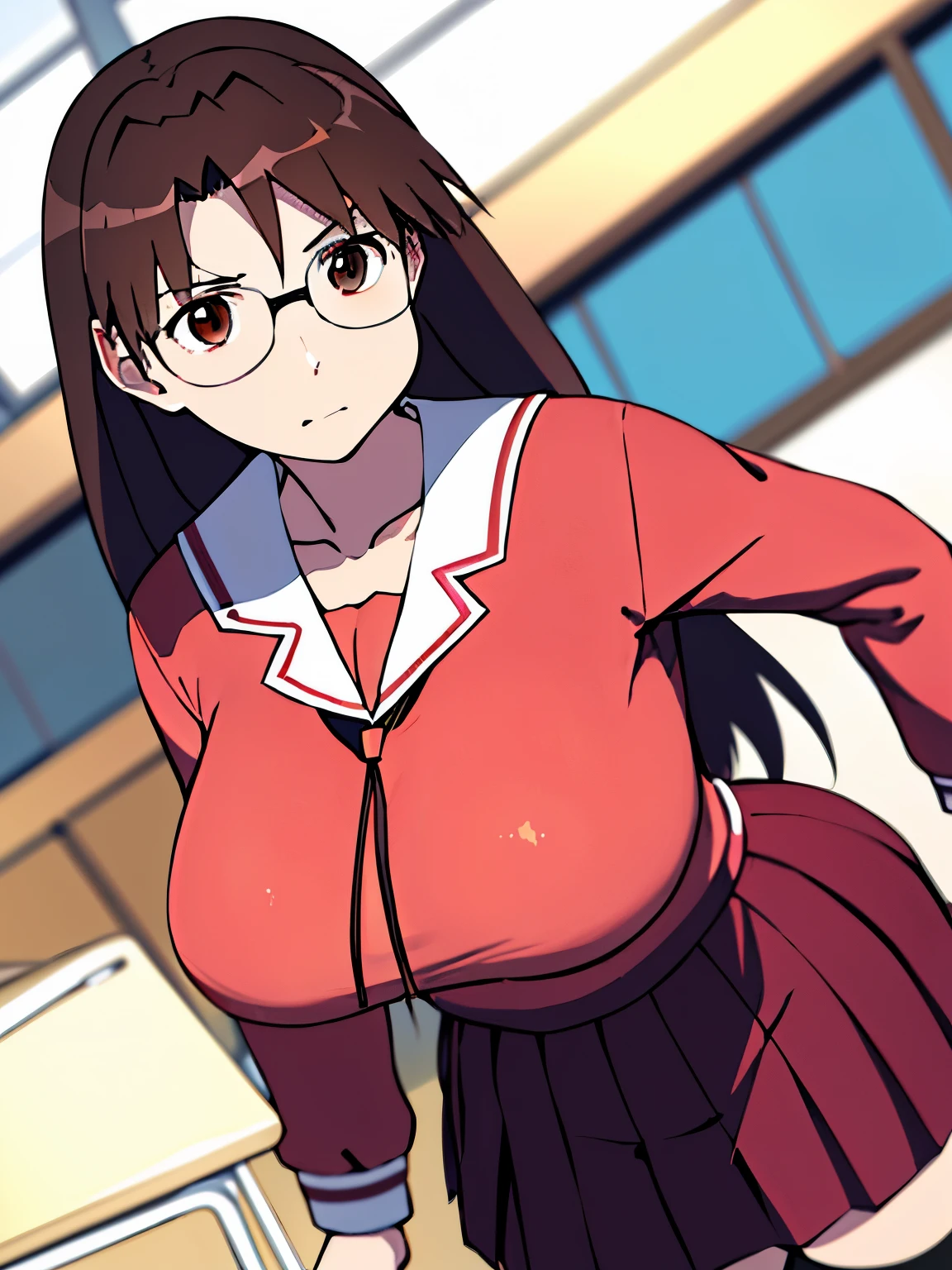 absurdres, highres, ultra detailed, high quality, (1girl:1.3), azumanga daioh's school uniform, huge breasts, brown eyes, brown hair, glasses, mizuhara koyomi, azumanga daioh, long hair, long sleeves, pink shirt, pleated skirt, red skirt, school uniform, serafuku, frown, wide hips, thighhighs, breast curtains, curvy, no bra, gigantic breasts, thick thighs, thighs, classroom, masterpiece, collarbone, large breasts, blush, indoors, blurry background, large hips, huge butt, embarassed pose