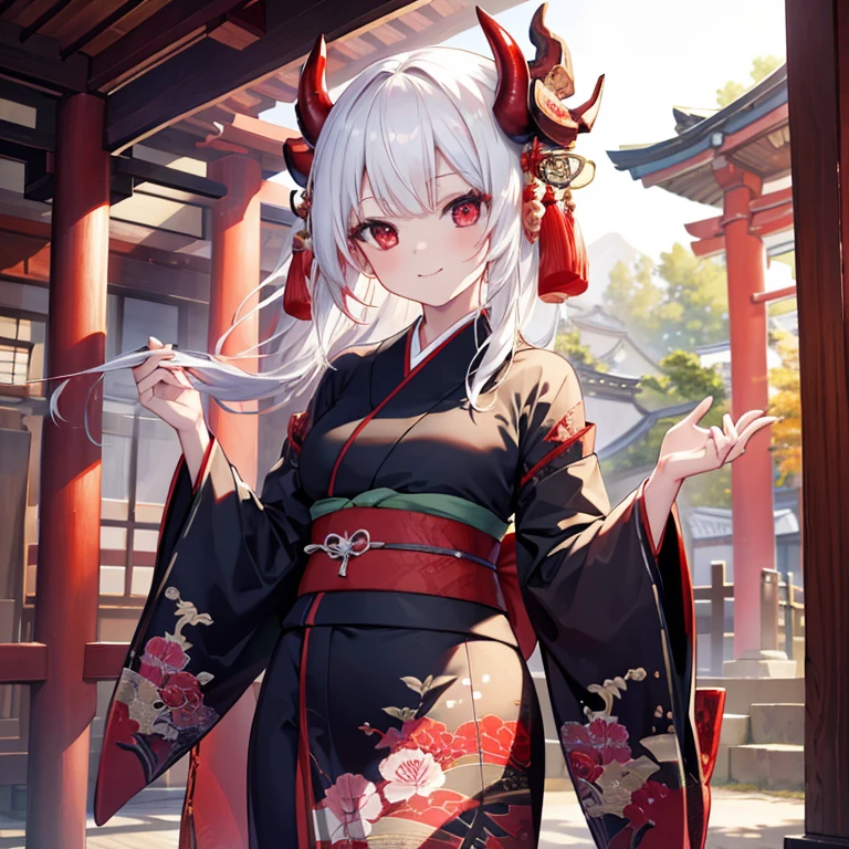 masterpiece, best quality, ultra detailed, girl, red dragon, white hair, dark red eyes, smile, kimono, japanese shrine, morning