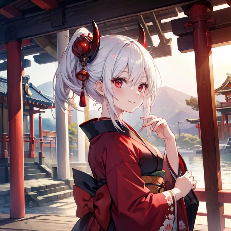 masterpiece, best quality, ultra detailed, girl, red dragon, white hair, dark red eyes, smile, kimono, japanese shrine, morning