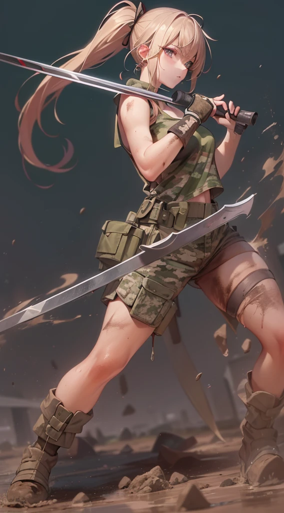 ((Finest quality)),(超A high resolution),(ultra-detailliert),sharpnes,Clair,Art with astounding depictions,Dynamic poses where the whole body is visible, ((1 Female Combat,flaxen ponytail),Camouflage pattern tank top,perspiring,Body dirty with mud)
