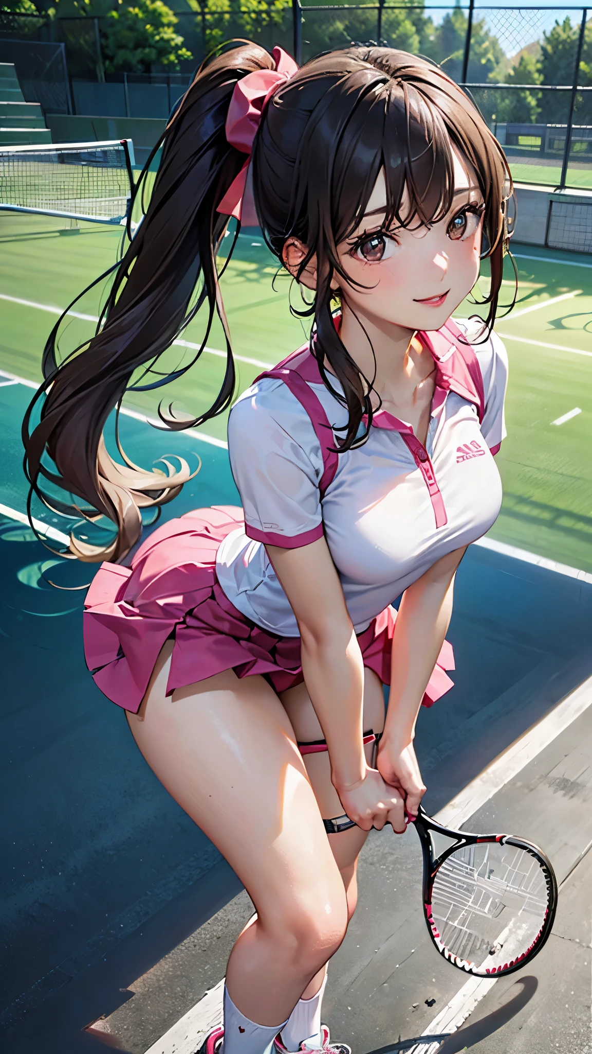 ((perfect anatomy, anatomically correct, super detailed skin)), 1 girl, solo, japanese, 16 years old, tennis player, shiny skin, watching the view, 
beautiful hair, beautiful face, beautiful detailed eyes, brown eyes, (long hair:1.7, side ponytail:1.5, light brown hair), babyface, mole under eye, 
beautiful clavicle, beautiful body, beautiful breasts, beautiful thighs, beautiful legs, large breasts:0.5, seductive thighs, 
cameltoe, bare arms, bare hands, bottomless, closeup clavicle, break, 
((symmetrical clothinetallic)), ((pink tennis uniform, short sleeve, shirt, skirt, socks, tennis shoes)), break, 
(beautiful scenery), evening, ((tennis court)), (stadio:1.5), 
lovely smile, standing, leaning forward, flipping skirt, put finger to lips, break, 
(8k, top-quality, masterpiece​:1.2, extremely detailed), (photorealistic:1.2), beautiful illustration, depth of fields, natural lighting,