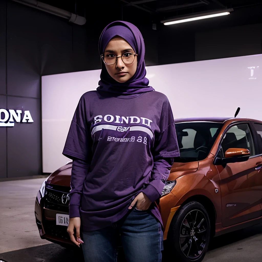 "Create a photorealistic illustration in 32K Ultra HD resolution featuring a woman in a purple hijab, wearing glasses, a loose and long T-shirt with the text 'BINI ORANG.' She stands beside a purple Honda car with the HONDA logo, set against the backdrop of a car showroom with a purple theme."