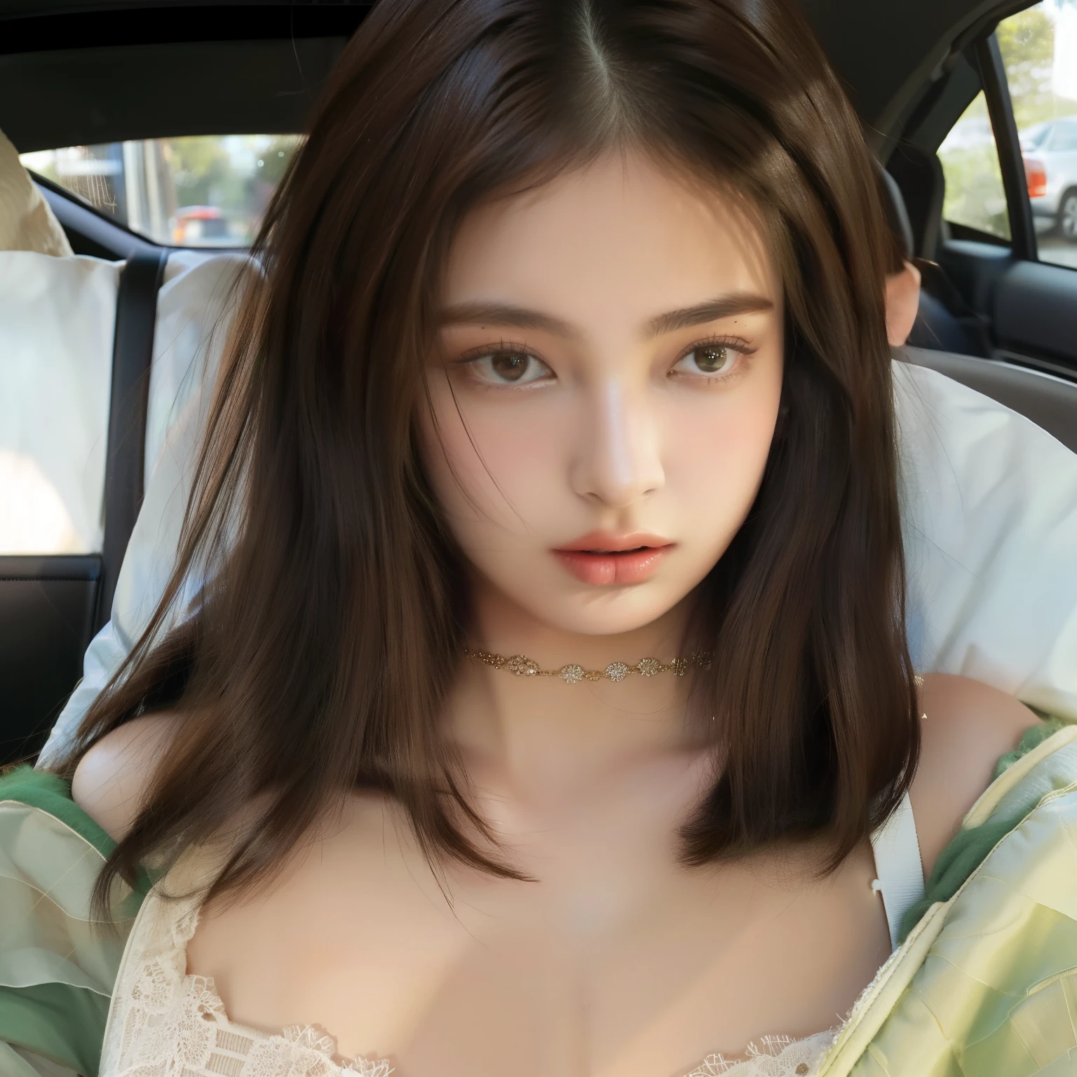 a closeup of a woman in a car with a green blanket, Dua Lipa, 18 years, cabello oscuro y maquillaje, with dark brown hair, belleza asombrosa, cabello negro y ojos grandes, modelo de instagram, belleza asombrosa, cara perfecta ), Hermosa cara atractiva, violeta myers, Emily Ratajkowski, brown hair and big eyes