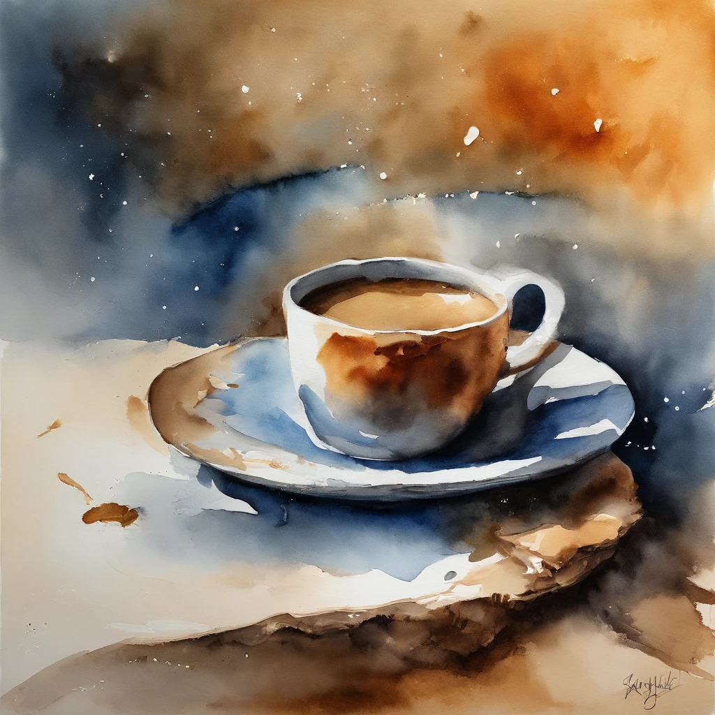 Coffee cup on the table, Walker shape shadow, starry night, There is thick fog on the ground, blue light on the horizon, motor unreal 5, cinematic, low angle photography, motion blur, depth of field, dust, pebbles and dirt. splash art, dripping paint. Perfect color sorting. Influenced by Karel Appel and Jeremy Mann, Full of dramatic scenes, Hipper－De Tagliado, beautiful, Crazy details, intricate details, editorial photography, Shot with a 50mm lens, depth of field, tilt blur, Shutter speed 1/1000, F/22. lightmap, super bright