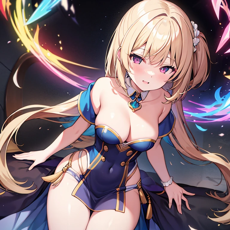 Beautiful blonde woman, Wax dress melts and drips on the body (muste piece: 1.2), (highest quality), In 4K, Super detailed, (dynamic composition: 1.4), very detailed, Colorful Detail, (rainbow colors: 1.2), (bright lighting, atmosphere lighting), dream-like, Magic, (alone: 1.2) Magic circle emblem on the floor