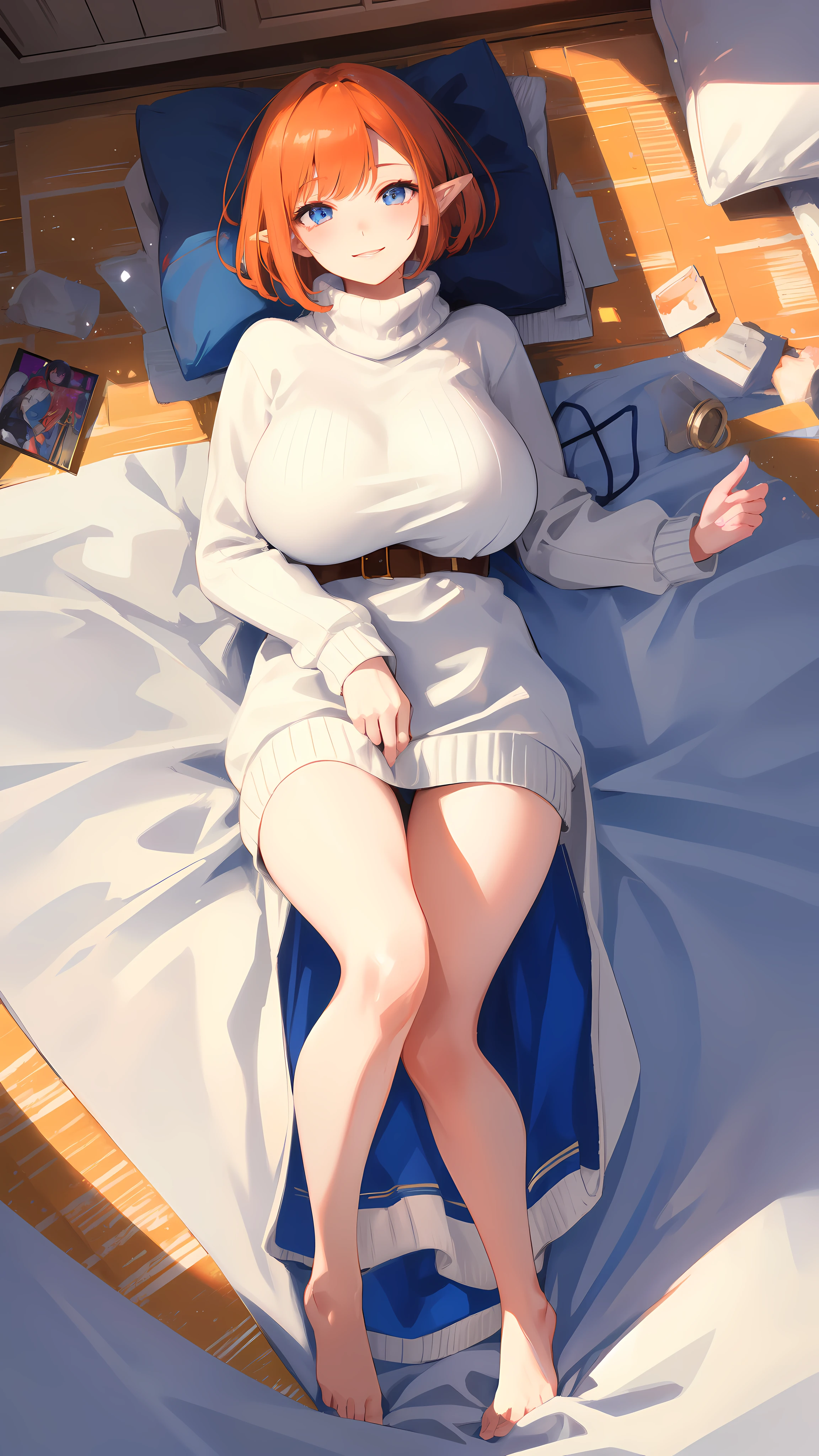 ((masterpiece )), (top quality), (best quality), ((ultra-detailed, 8k quality)), Cinematic lighting, (detailed line art), a elf girl with delicate skin, smiling and looking directly at the viewer, lying on the bed in a turtleneck sweater, the sunlight gives this scene a warm touch, BREAK, highly detailed of (elf), (1girl), perfect face, details eye, Bob cut hair, Blunt bangs, (hair between eye), orange hair, blue eyes, eyelashes, eyeshadow, pink eyeshadow, light smile, design art by Artgerm, by Kawacy, By Yoshitaka Amano, BREAK, (sweater), turtleneck, long sleeves, thighs, bare legs, lying, on bed, happy, smile, blush, (sunlight), full body, from above, cozy, Bedroom, BREAK, ((perfect anatomy)), nice body, Big breast, extremely detailed finger, best hands, perfect face, beautiful face, beautiful eyes, perfect eyes, perfect fingers,