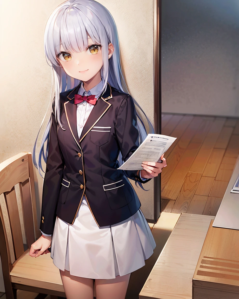 ((obra de arte)), ((melhor qualidade)), ((papel de parede CG unit 8k altamente detalhado)), Sozinho, Tachibana Kanade, Saia preta, Meias brancas, pequeno sorriso, sala de aula