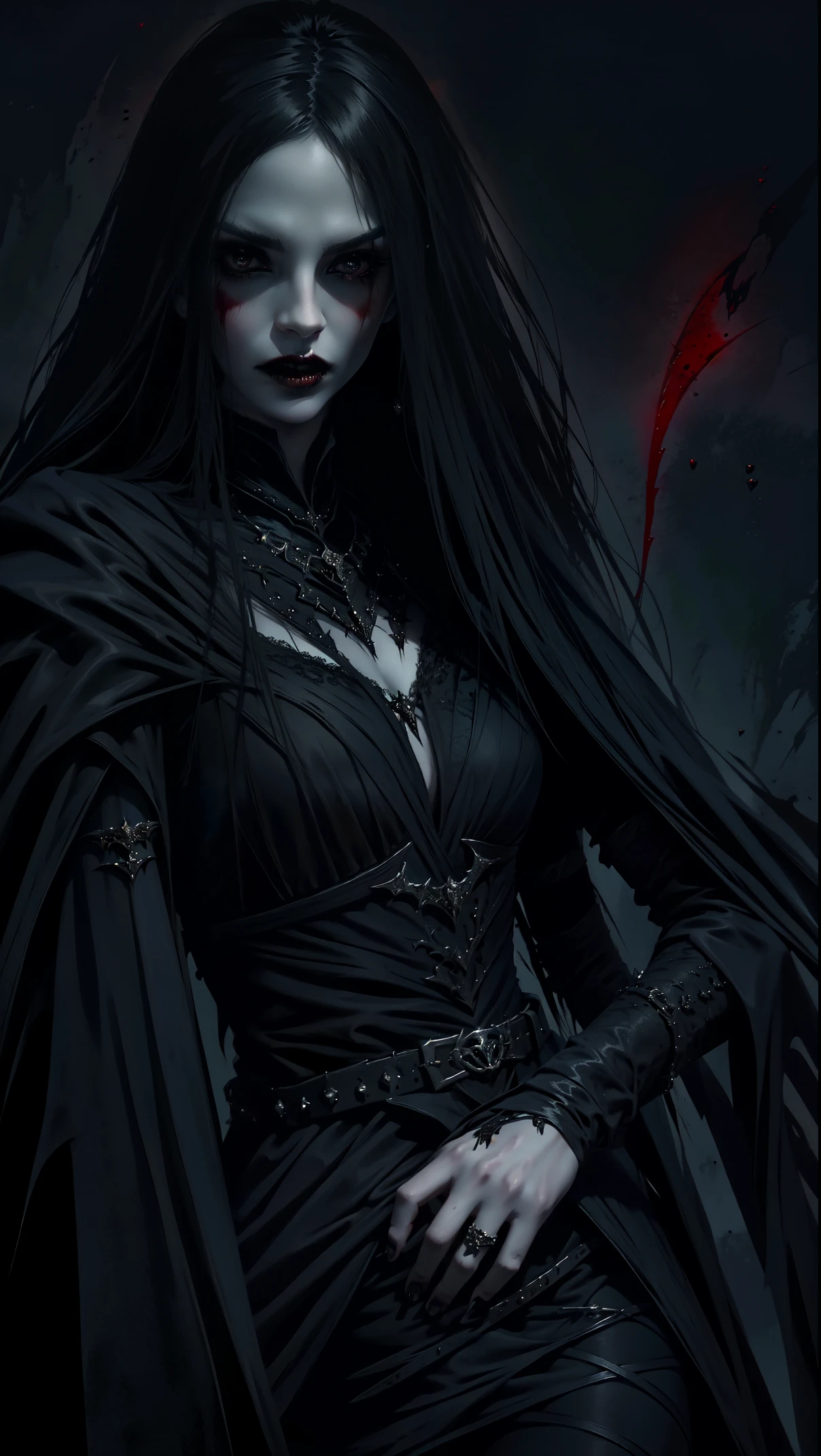 Gothic woman with blood dripping from her mouth, beautiful vampire queen, Vampire girl, gothic horror vibes, Beautiful female vampire queen, The art in the style of Guvez, dark fantasy mixed with realism, androgynous vampire, Gothic shoujo anime girl, Gothic aesthetics, a woman vampire, gothic art style, Vampire fashion, [4K digital art]!，Stick out your tongue，Dripping blood