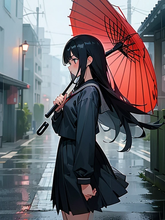 1 girl,solo,long hair, black hair, serafuku,long sleeves,In the rain、flustered,run,residential area,Residential area in Japan,I don't have an umbrella,wet,arm up,from side,