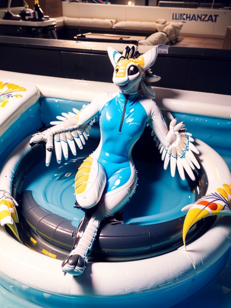 Ultra high resolution, extremely detailed raw photograph, close-up,  (half transformation), human Avali shiny smooth polyvinyl pooltoy suit hybridization metamorphosis, in pool at night, (half human), ((blue grey seafoam)), ((liquid polyvinyl goo partial encasement)), human Avali pooltoy suit hybrid, zipper, plastic handlebars, air valve nozzle