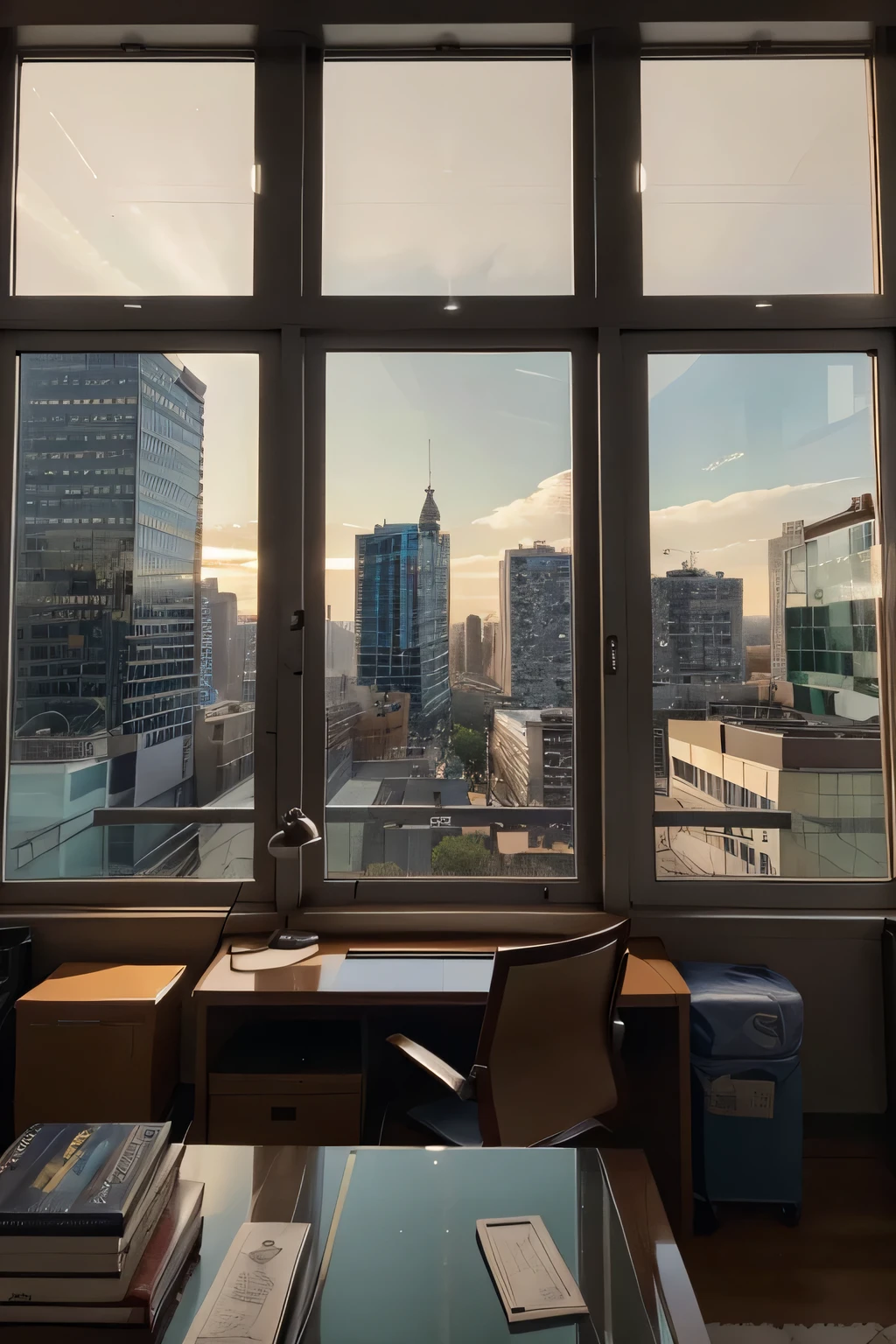 estante de escritorio com prateleiras. em algumas prateleira colocar luz de led e alguns livros arrumados. Porta retratos contendo fotos de cidades famosasa. On the side is a large glass window showing the buildings. 4k resolution - lots of details