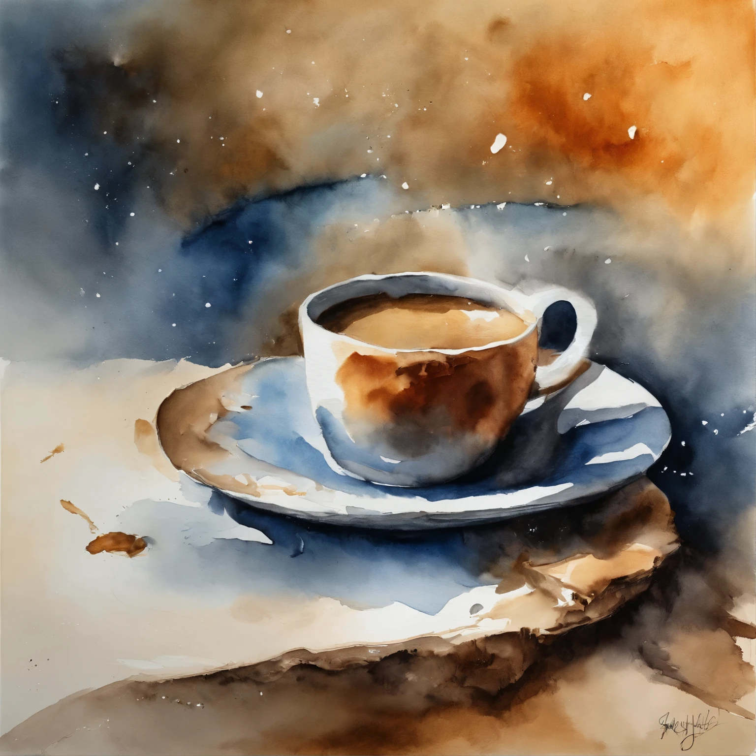 Coffee cup on the table, Walker shape shadow, starry night, There is thick fog on the ground, blue light on the horizon, motor unreal 5, cinematic, low angle photography, motion blur, depth of field, dust, pebbles and dirt. splash art, dripping paint. Perfect color sorting. Influenced by Karel Appel and Jeremy Mann, Full of dramatic scenes, Hipper-De Tagliado, beautiful, Crazy details, intricate details, editorial photography, Shot with a 50mm lens, depth of field, tilt blur, Shutter speed 1/1000, F/22. lightmap, super bright