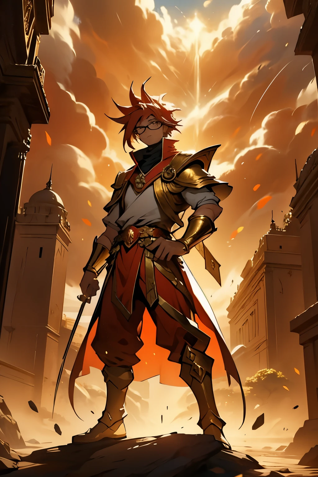 a pharaoh with red and white hair, olhos castanhos, vestindo um uniforme militar amarelo, olhando para o horizonte em meio de uma cidade de areia desmoronando. He is standing, floating outfit holding a golden shield with one hand, estilo de arte de yugioh, dramatic lighting, altamente detalhado, roupa amarelas, military theme, rosto detalhado, cabelos brancos, dynamic lighting, wearing glasses, cabelo fluido
