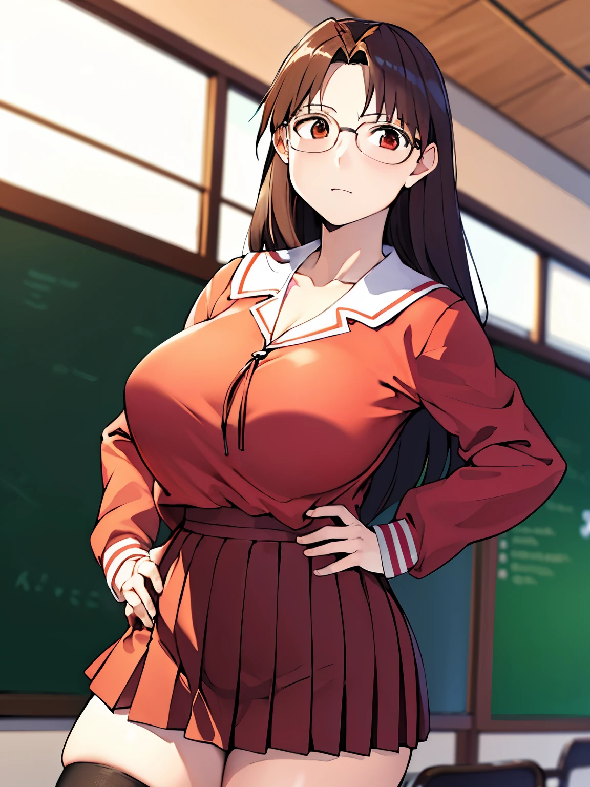 absurdres, highres, ultra detailed, high quality, (1girl:1.3), azumanga daioh's school uniform, huge breasts, brown eyes, brown hair, glasses, mizuhara koyomi, azumanga daioh, long hair, long sleeves, pink shirt, pleated skirt, red skirt, school uniform, serafuku, frown, wide hips, thighhighs, breast curtains, curvy, no bra, gigantic breasts, thick thighs, thighs, classroom, masterpiece, collarbone, large breasts, blush, indoors, blurry background, large hips, huge butt, embarassed pose