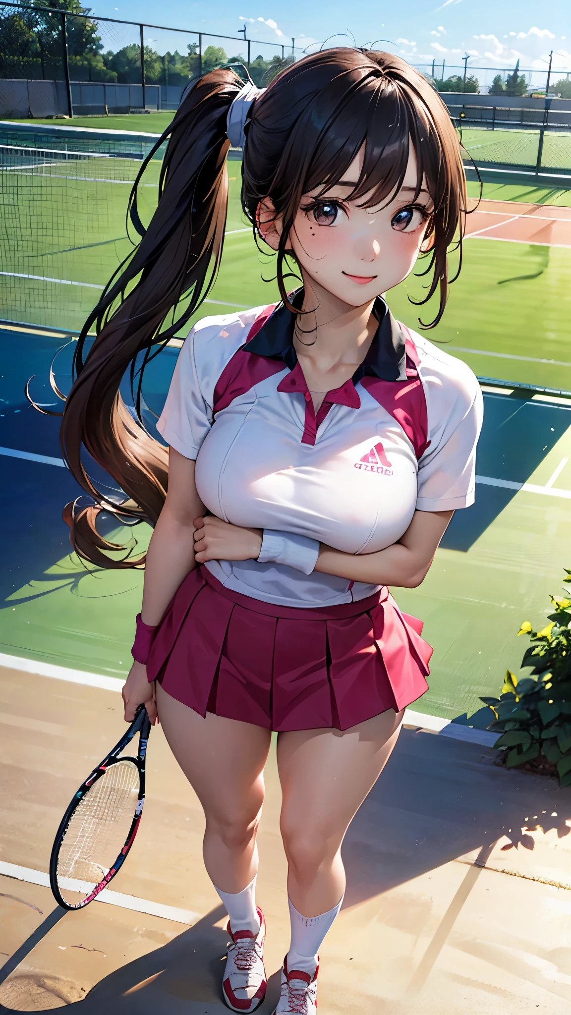 ((perfect anatomy, anatomically correct, super detailed skin)), 1 girl, solo, japanese, , tennis player, shiny skin, watching the view, 
beautiful hair, beautiful face, beautiful detailed eyes, brown eyes, (long hair:1.7, side ponytail:1.5, light brown hair), babyface, monder eye, 
beautiful clavicle, beautiful body, beautiful breasts, beautiful thighs, beautiful legs, large breasts:0.5, seductive thighs, 
cameltoe, bare arms, bare hands, bottomless, closeup clavicle, break, 
((symmetrical clothinetallic)), ((pink tennis uniform, short sleeve, shirt, skirt, socks, tennis shoes)), break, 
(beautiful scenery), evening, ((tennis court)), (stadio:1.5), 
lovely smile, standing, , flipping skirt, put finger to lips, break, 
(8k, top-quality, masterpiece​:1.2, extremely detailed), (photorealistic:1.2), beautiful illustration, depth of fields, natural lighting,