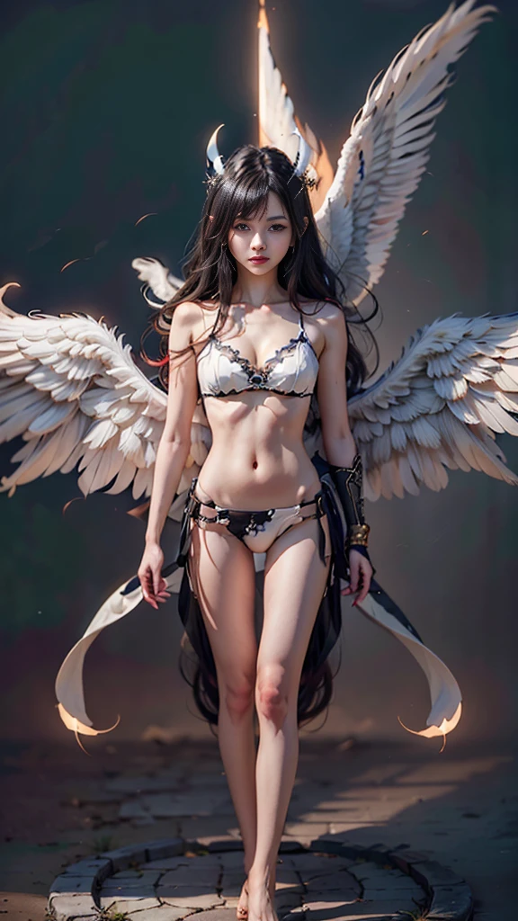 (Masterpiece:1.3), (best quality:1.2),10, (very detailed:1.3), superb, ครึ่งเทพครึ่งdevil, Separate left and right, beautiful girl, 1 girl only, ((Separate theme)), (long straight hair,Long hair down to the butt), slim body, (Huge breasts,Breast augmentation,small waist,flat stomach,Long, slender legs), (white hair, black hair), (angel,devil), (white wings,black wings), beautiful wings, have many wings