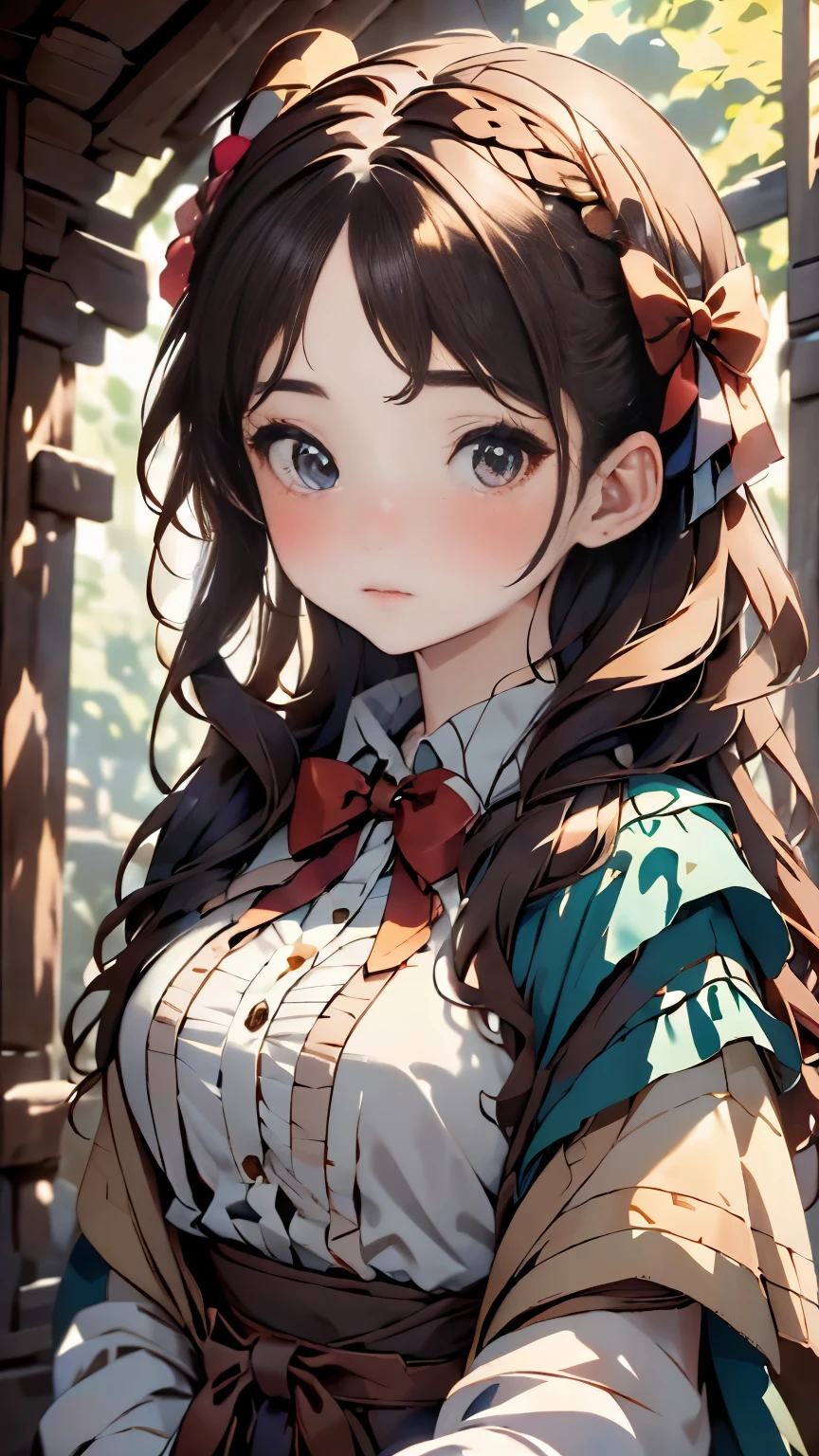 1 girl, masterpiece, highest quality, 8K, fine skin texture, fine cloth texture, beautiful detailed face, intricate details, super detailed, alice in wonderland, (Bow on her head:1.1), upper body whole body