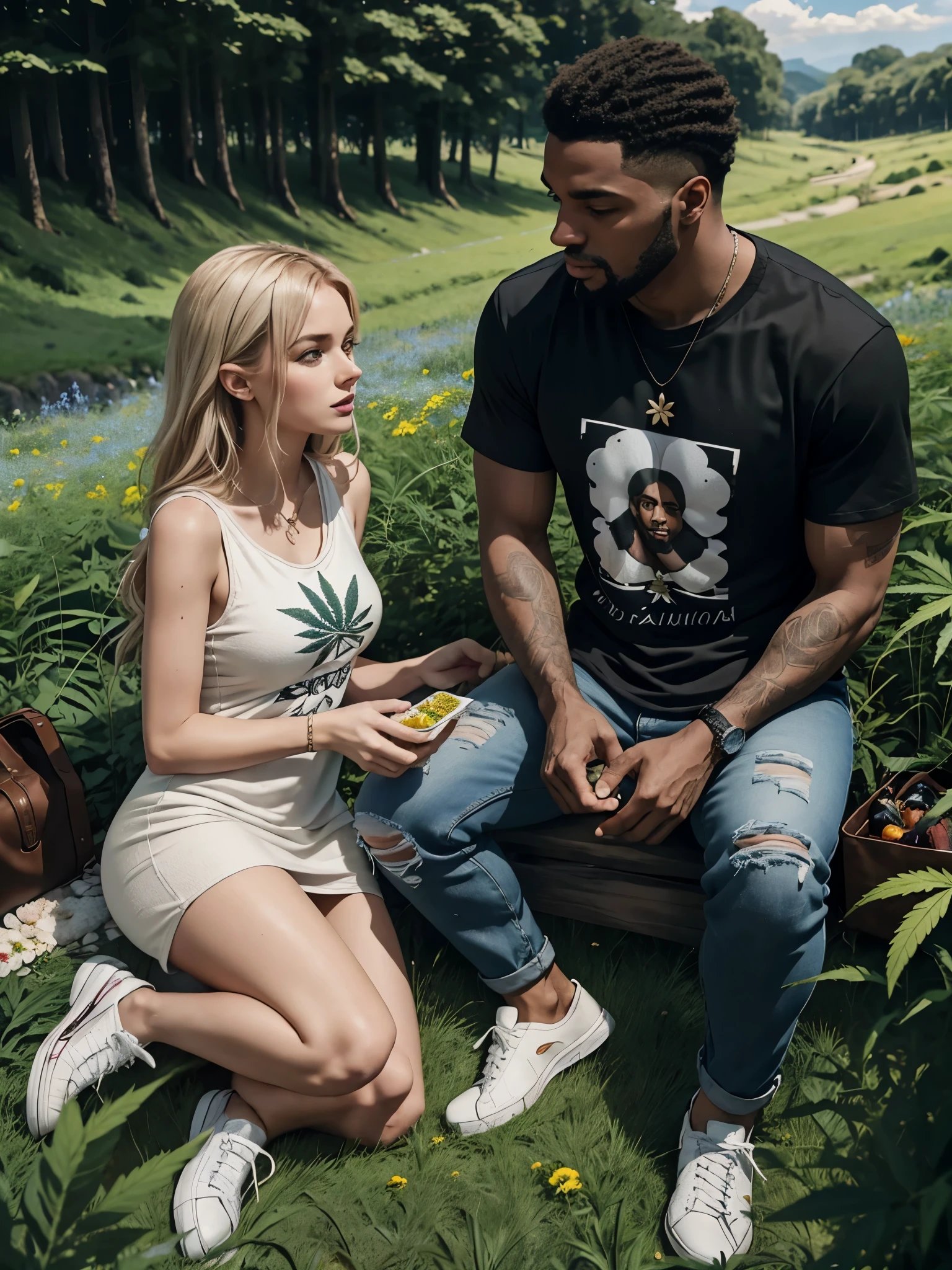 Photograph of, a 25 year old, white caucasian-american woman, wearing a flower mini dress, and high heels, and a  28 year old, black african-american man, wearing a t-shirt, jeans, and sneakers, having an intimate picnic in the middle of a lush marijuana field, flirty expressions, anatomically correct, UHD, super detail, textured skin, 8k,